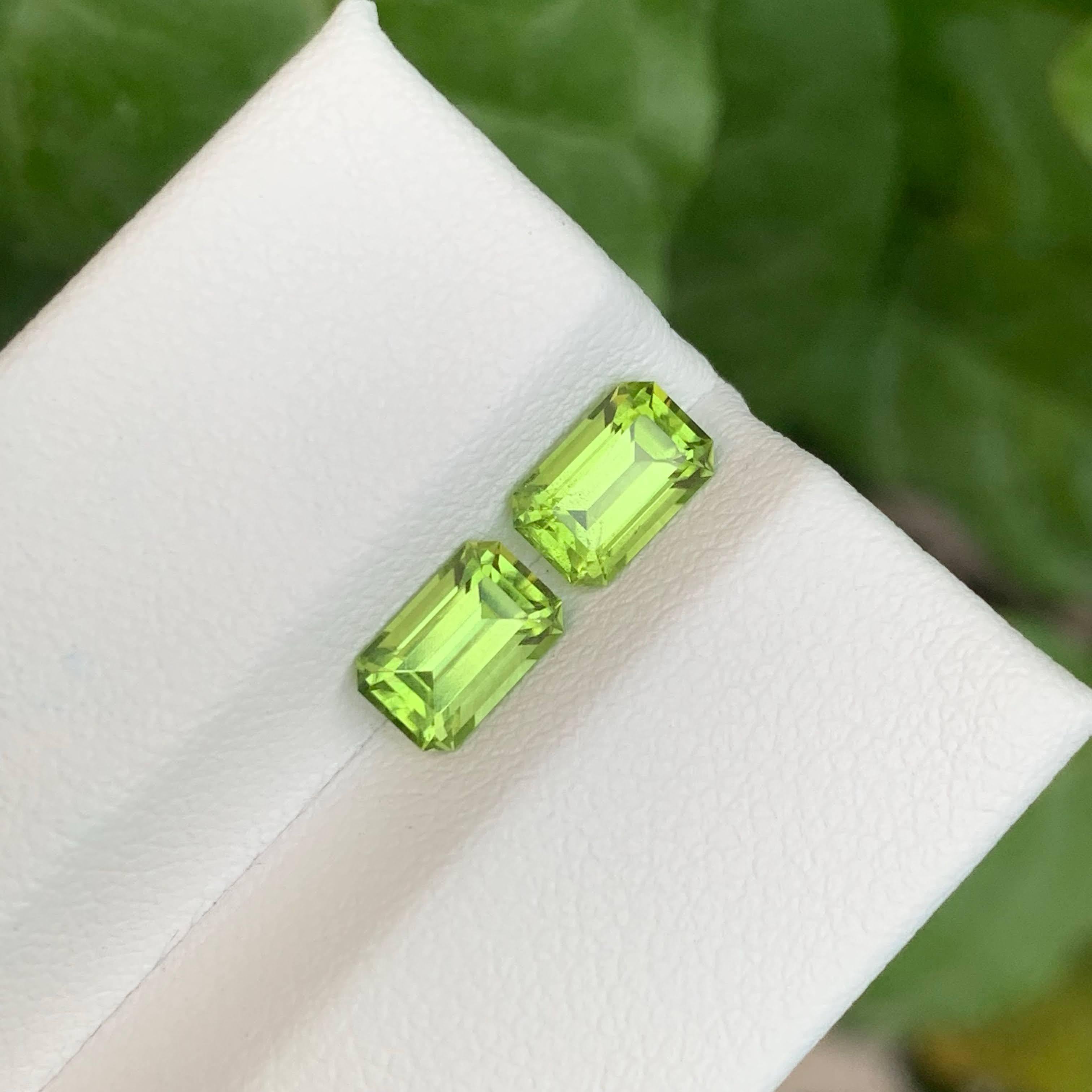 Gewicht 1,95 Karat
Abmessungen 6.8x4.4x3.6mm
Behandlung Keine
Herkunft Pakistan
Klarheit VVS
Form Achteck
Schliff Smaragd
NA


Dieses atemberaubende Paar natürlicher Peridot-Edelsteine im Smaragd-Schliff hat ein Gesamtgewicht von 1.95 Karat und