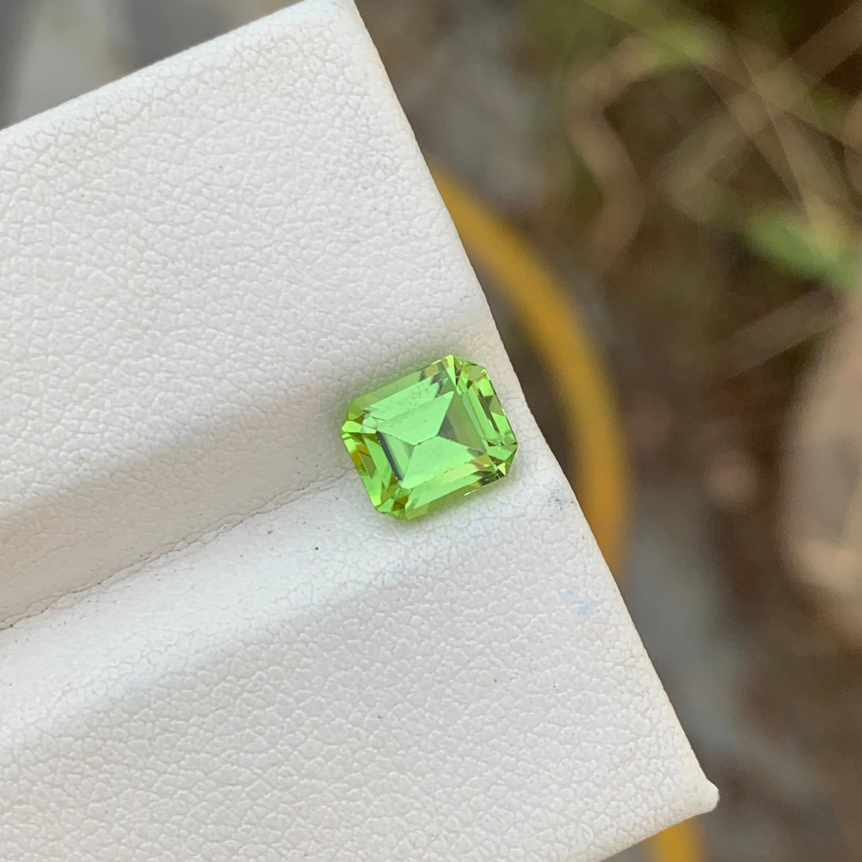 Loose Peridot
Weight: 1.95 Carats 
Dimension: 7.3x6.1x5 Mm
Origin: Pakistan
Shape: Emerald 
Color: Green
Treatment: Non
Peridot is a captivating gemstone with a rich history and vibrant green color, making it a popular choice for jewelry and other
