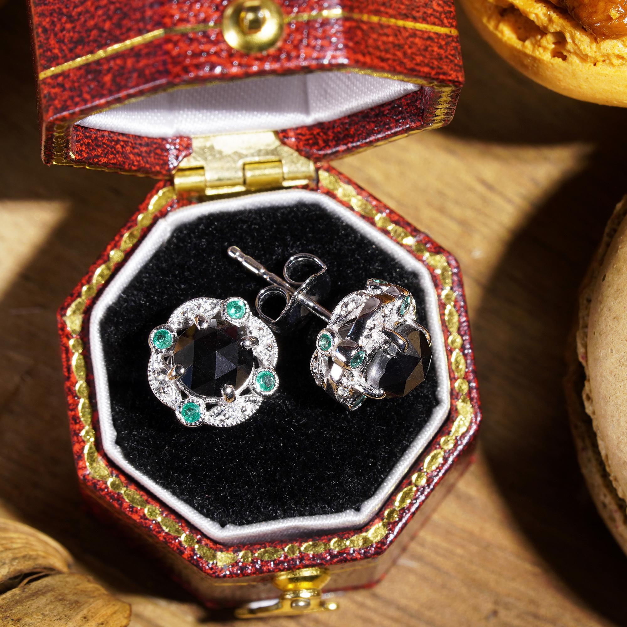 Rose Cut 1.95 Ct. Black Diamond Emerald Art Deco Inspired Stud Earrings in 14K Gold For Sale