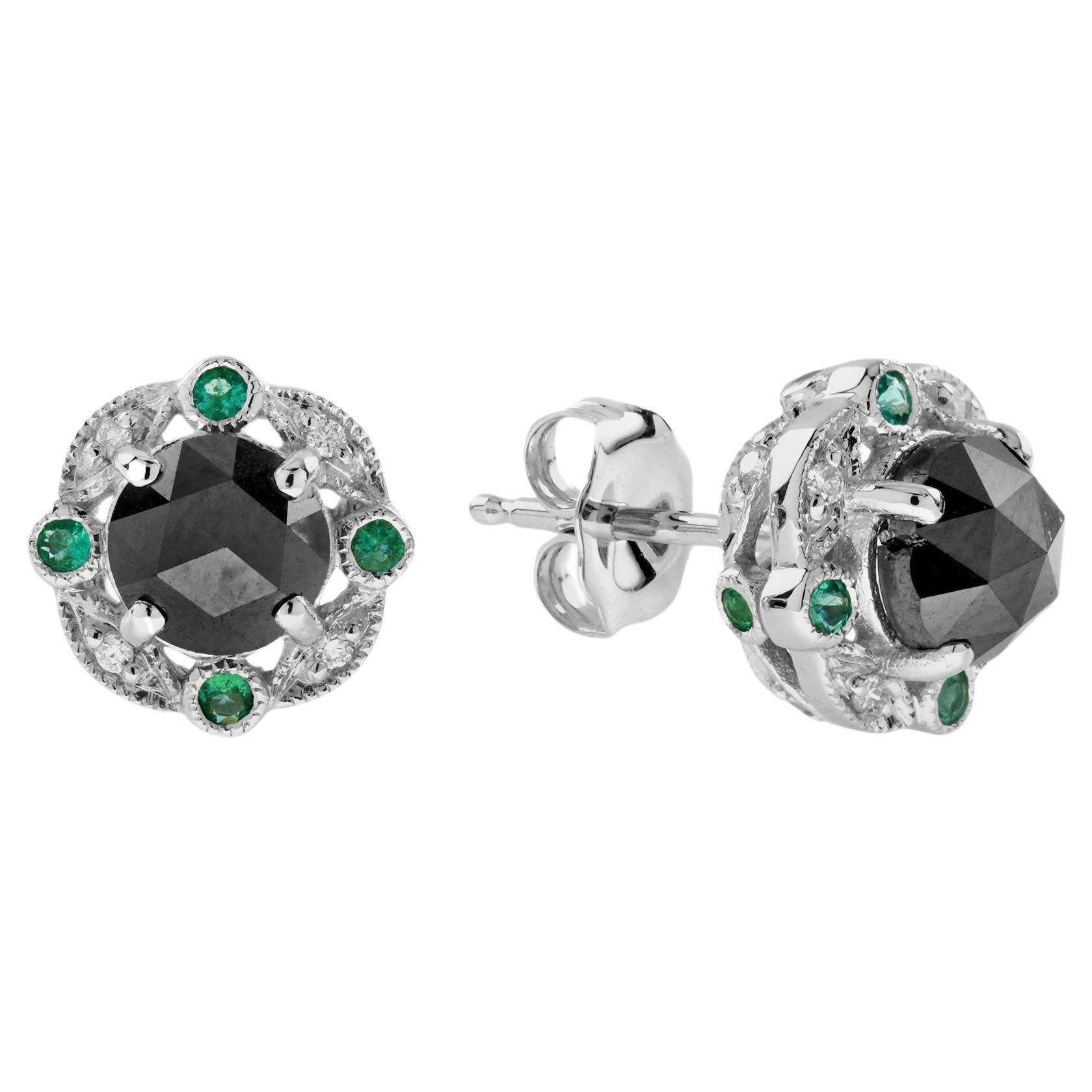 1.95 Ct. Black Diamond Emerald Art Deco Inspired Stud Earrings in 14K Gold For Sale