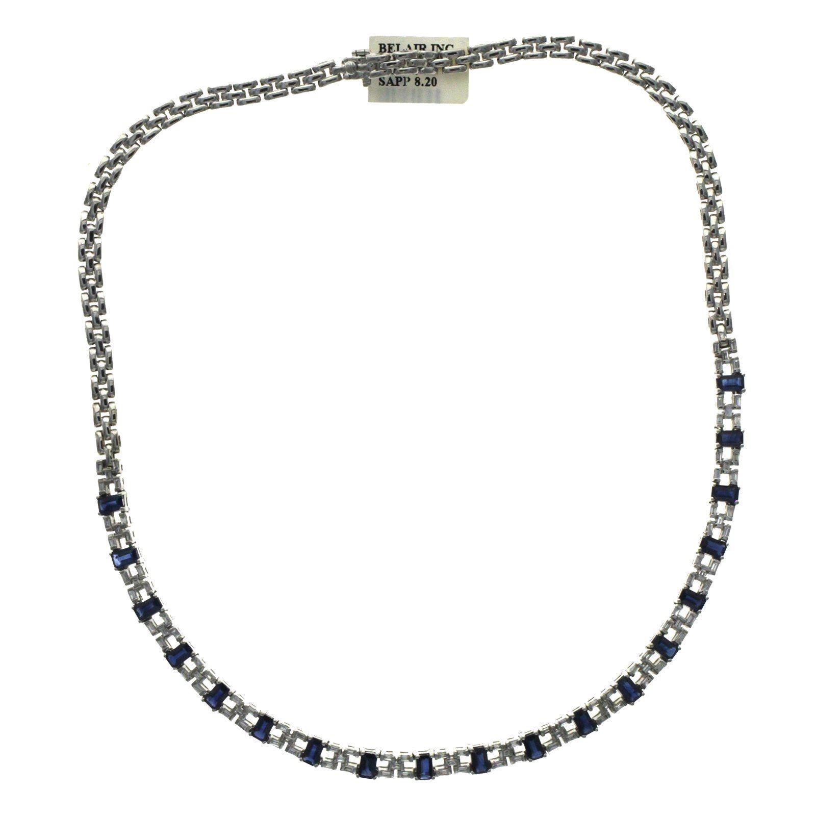 1.95 Carat Diamonds 8.20 Carat Blue Sapphire 18 Karat White Gold Necklace For Sale 1