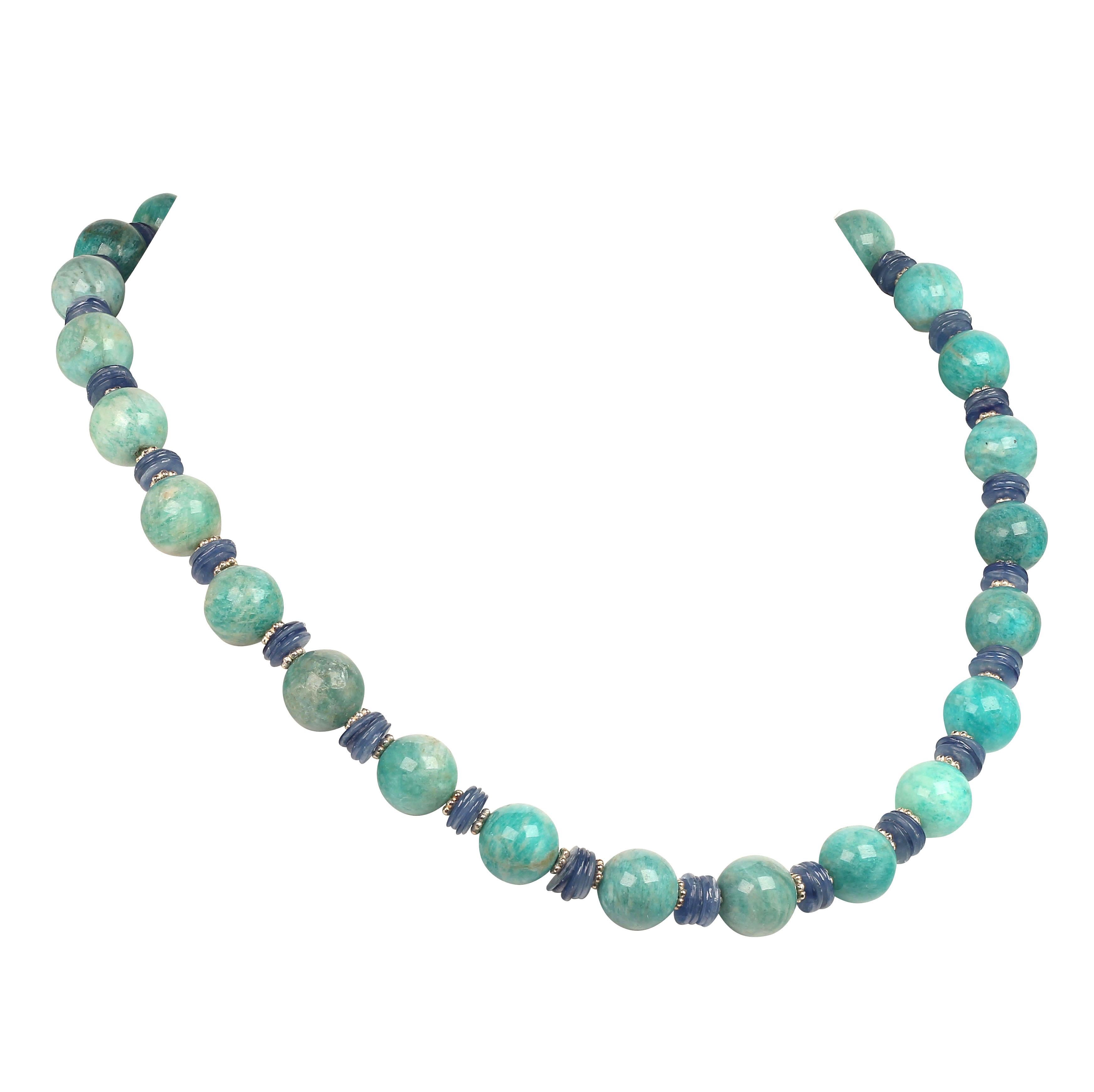 AJD Glowing Green Amazonite and Shining Blue Kyanite Necklace