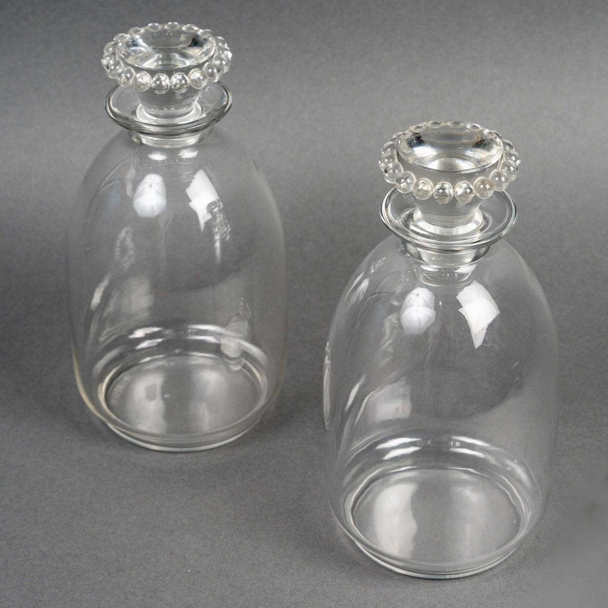 French 1935 René Lalique - Art Deco Pair of Decanters Boules Clear Glass