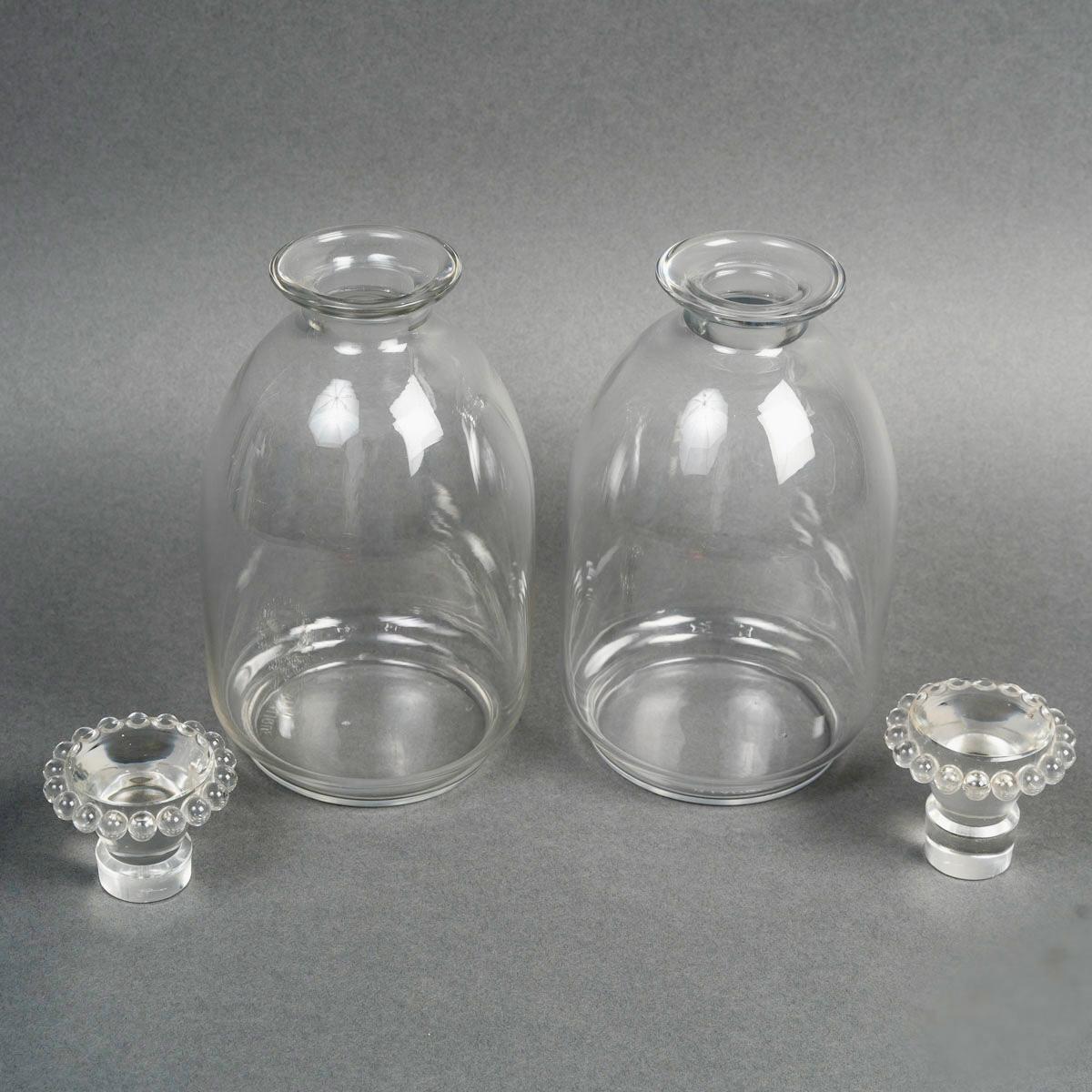 Molded 1935 René Lalique - Art Deco Pair of Decanters Boules Clear Glass