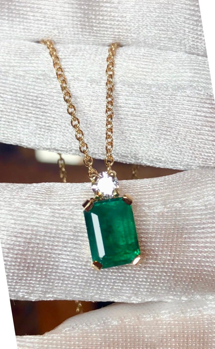 Emerald Cut 1.95 Vivid Green Colombian Emerald and Diamond Pendant Necklace 18K For Sale