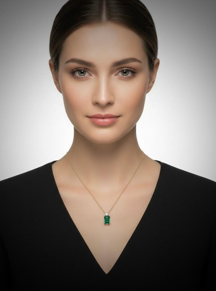 1.95 Collier pendentif émeraude colombienne vert vif et diamant 18K en vente 3