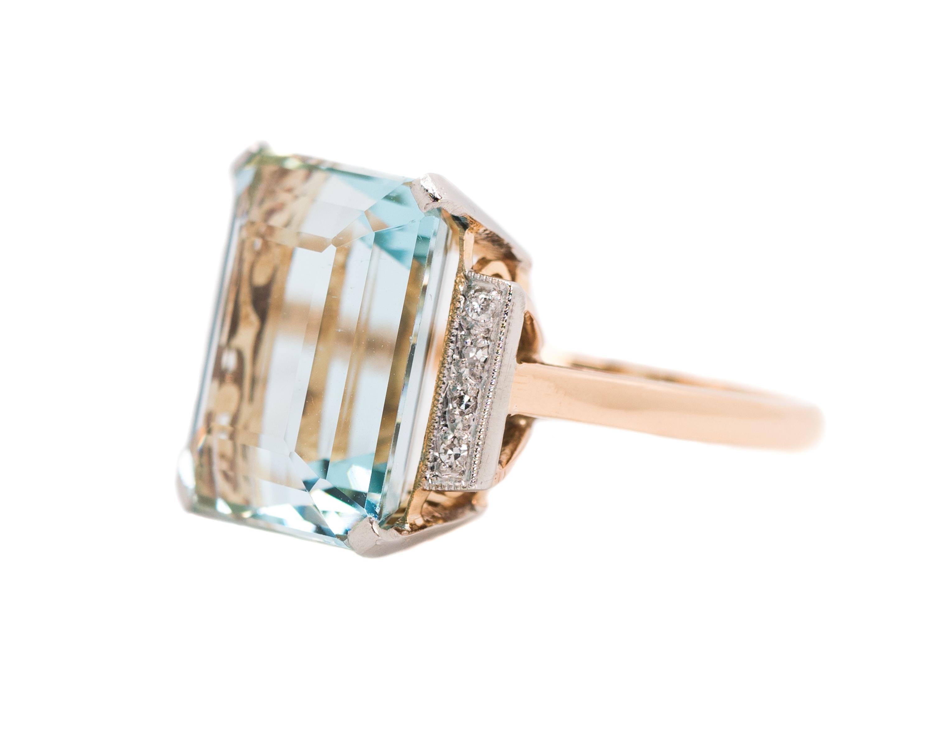 Retro 1950 11 Carat Aquamarine and Diamond, 14 Karat Gold Two-Tone Engagement Ring