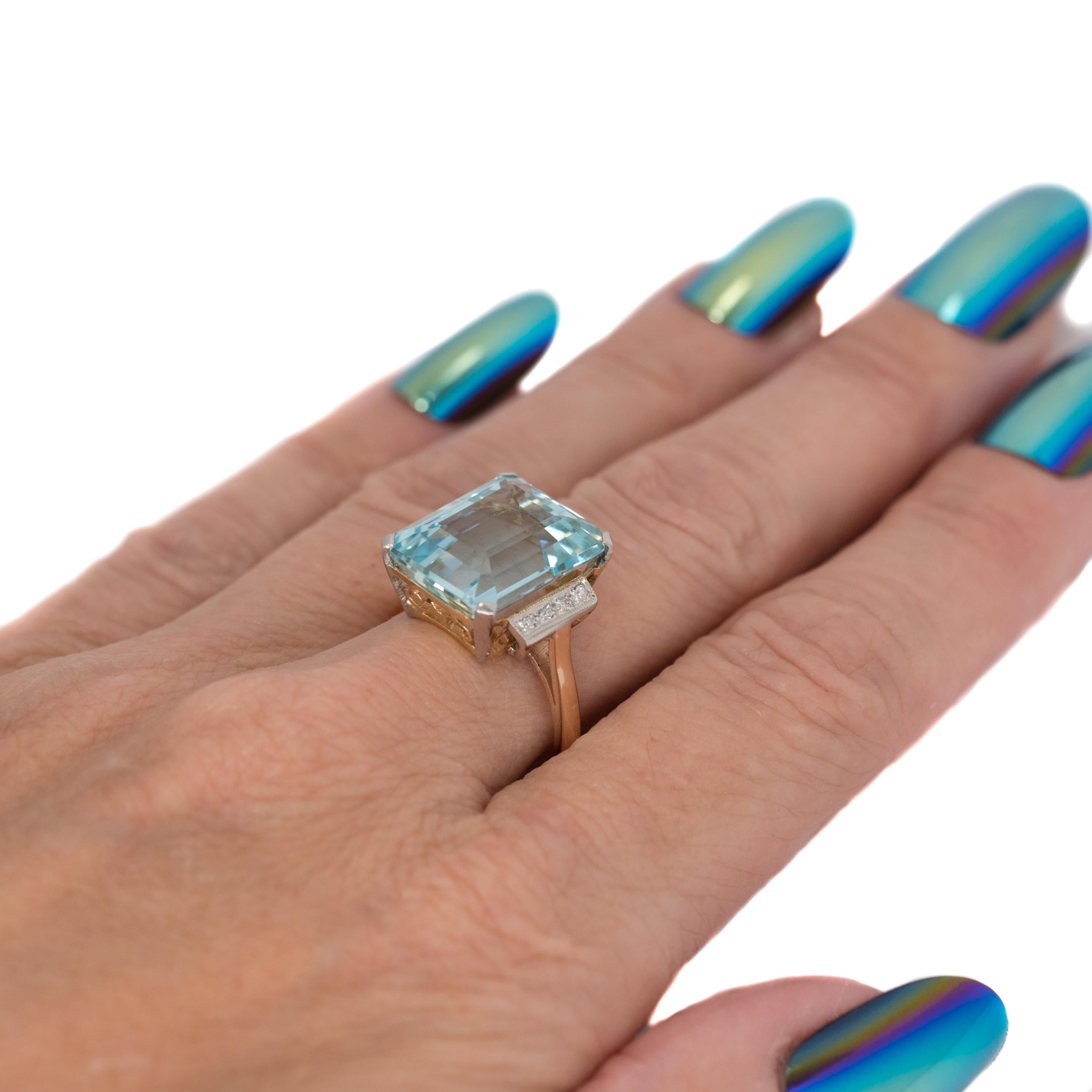 1950 11 Carat Aquamarine and Diamond, 14 Karat Gold Two-Tone Engagement Ring In Excellent Condition In Atlanta, GA