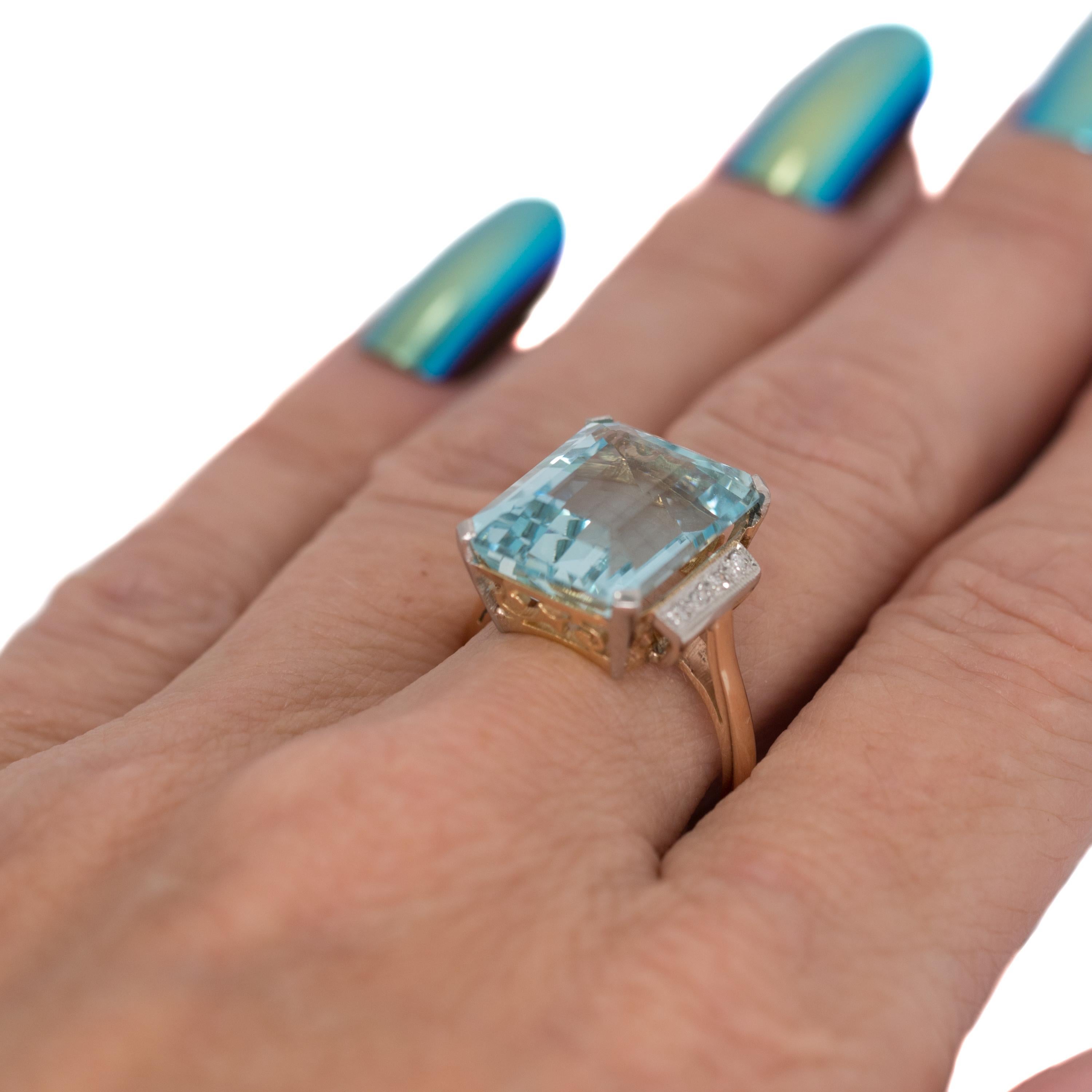 Women's 1950 11 Carat Aquamarine and Diamond, 14 Karat Gold Two-Tone Engagement Ring