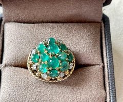 1950 18 K Yellow Gold Vintage Emerald Diamond Cocktail Ring