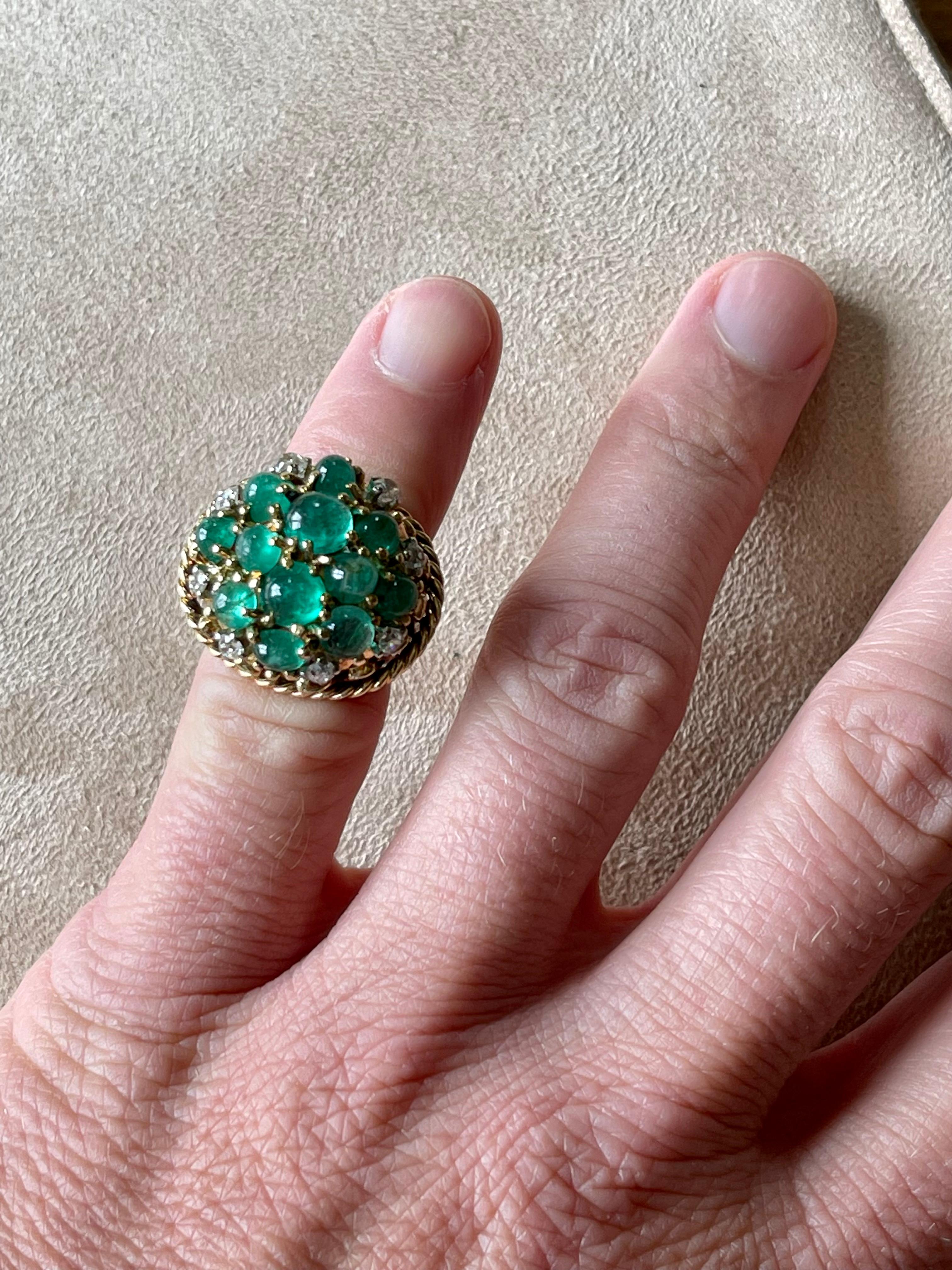 Women's 1950 18 K Yellow Gold Vintage Emerald Diamond Cocktail Ring For Sale
