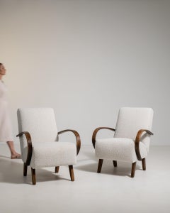 1950-1959 Czech Republic Warm Ivory Boucle Pair Of Bentwood-Arm Lounge Chairs