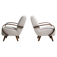 1950-1959 Czech Republic Warm Ivory Boucle Pair Of Bentwood-Arm Lounge Chairs