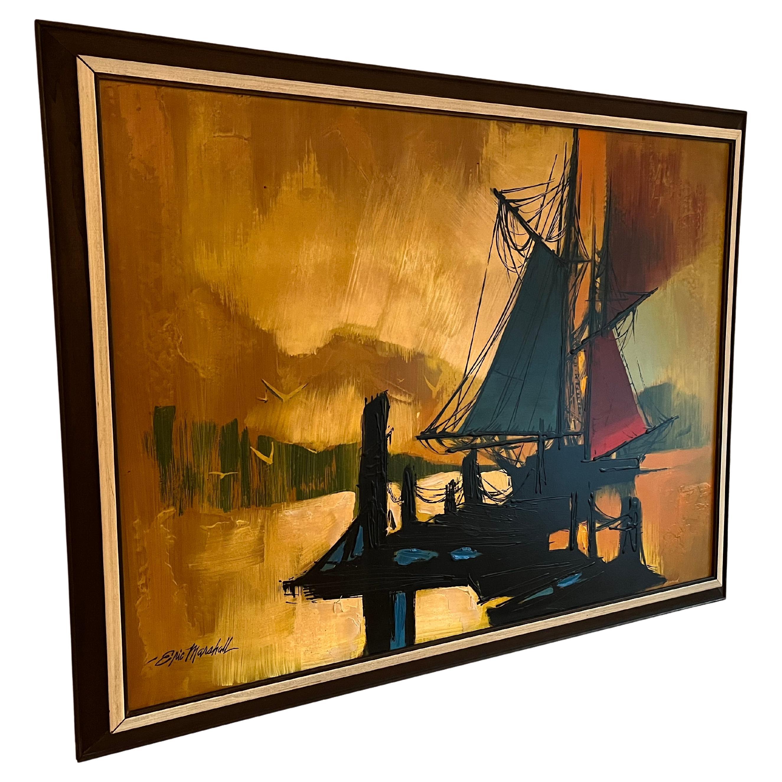 Peinture à l'huile originale des années 1950 représentant un voilier amarré sur un lac, réalisée par Eric Marshall. 