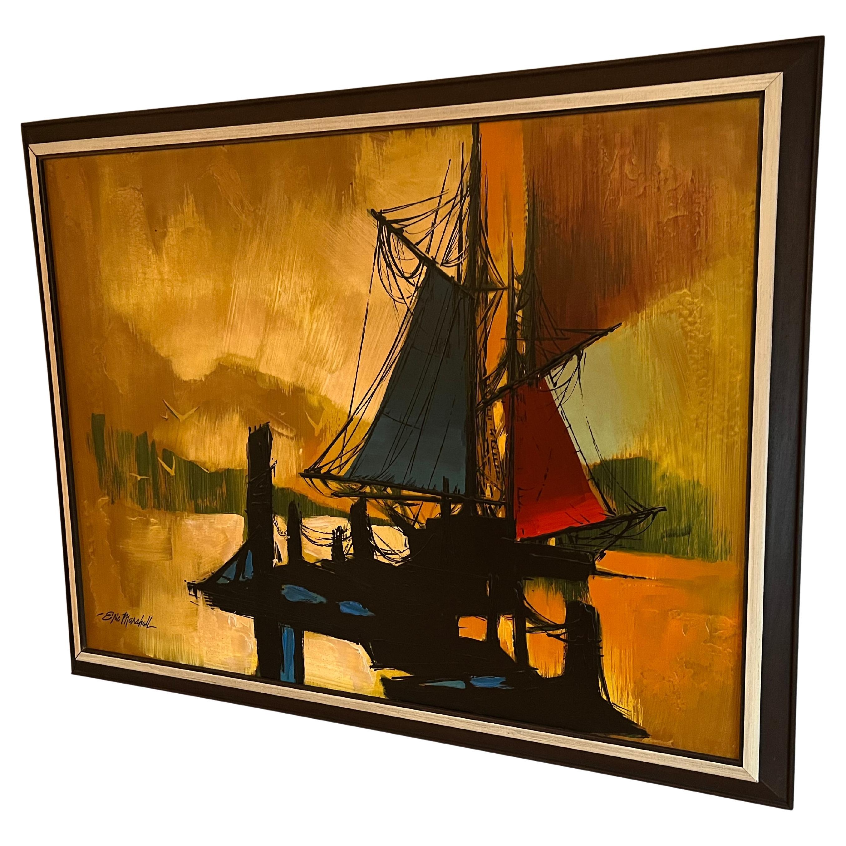 Peinture à l'huile originale de 1950-1960 représentant un bateau de voile accroché sur un lac par Eric Marshall Bon état - En vente à Southampton, NJ