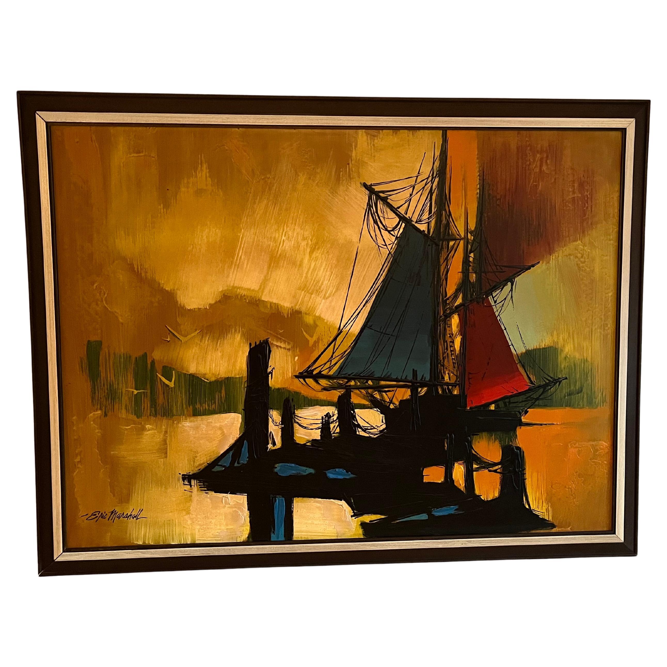 Peinture à l'huile originale de 1950-1960 représentant un bateau de voile accroché sur un lac par Eric Marshall en vente
