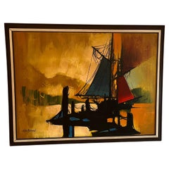 Peinture à l'huile originale de 1950-1960 représentant un bateau de voile accroché sur un lac par Eric Marshall