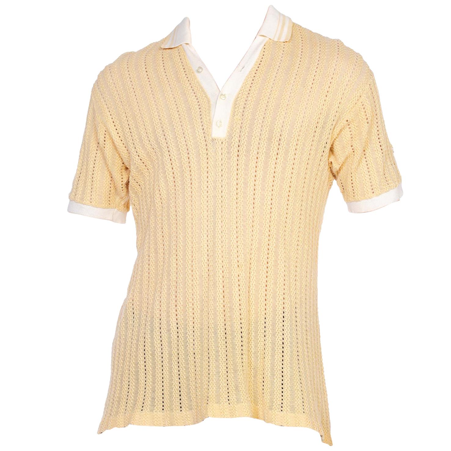 1950 1960S Mens Cotton Open Knit Yellow Polo Shirt