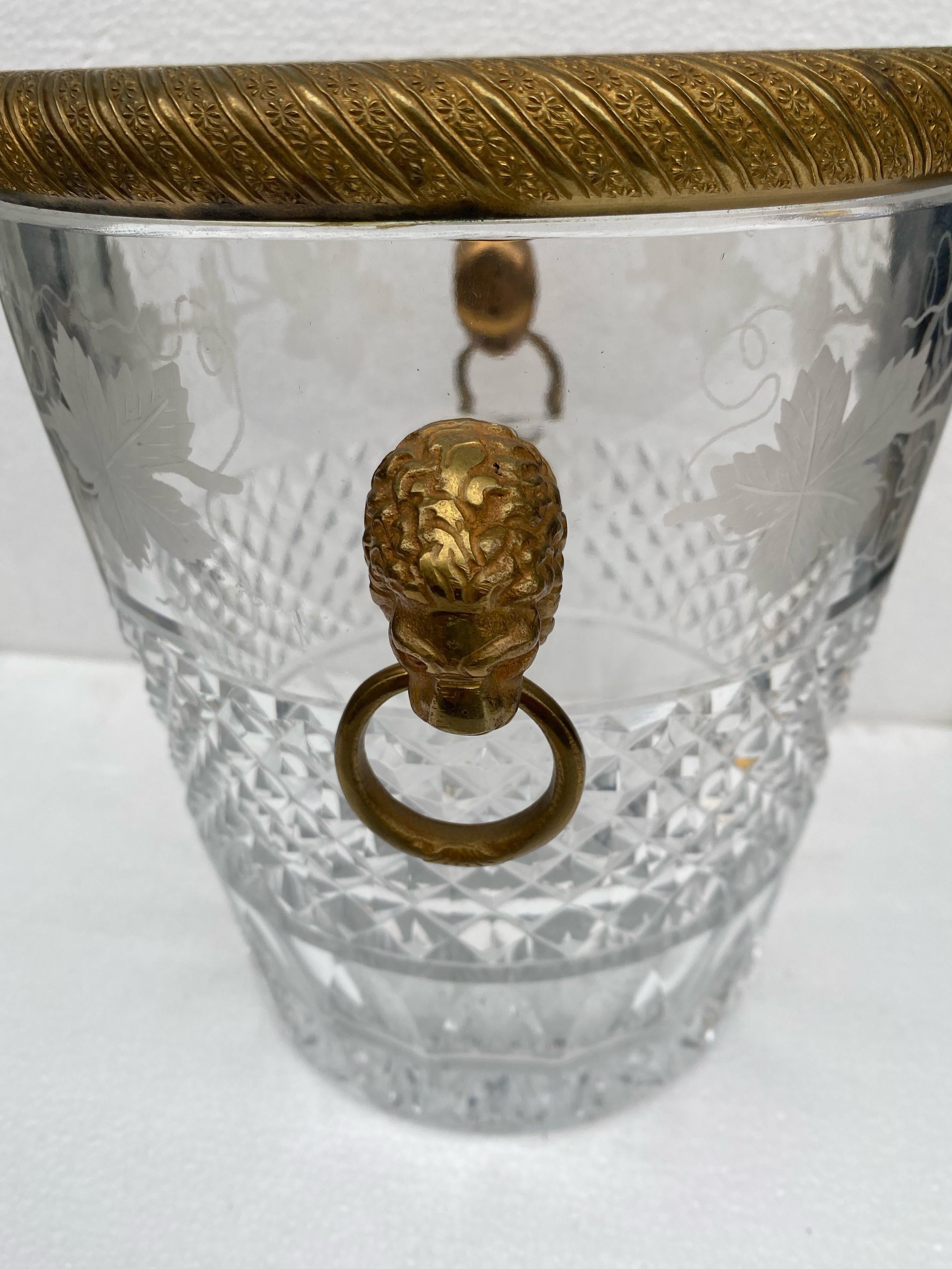 French 1950-1970 Champagne Bucket Crystal St Louis and Bronze Gilded Heads of Lion For Sale