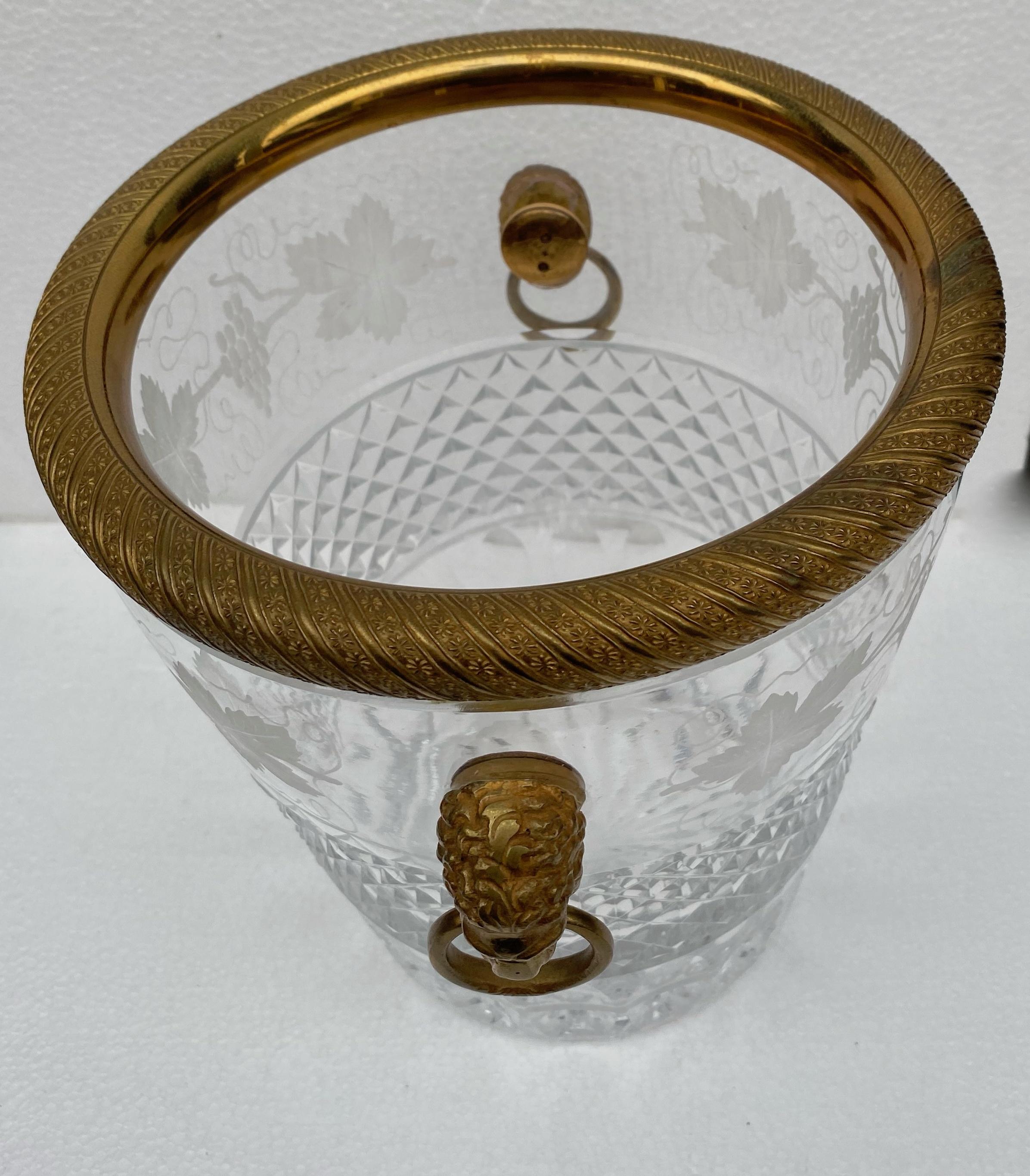 Faceted 1950-1970 Champagne Bucket Crystal St Louis and Bronze Gilded Heads of Lion For Sale