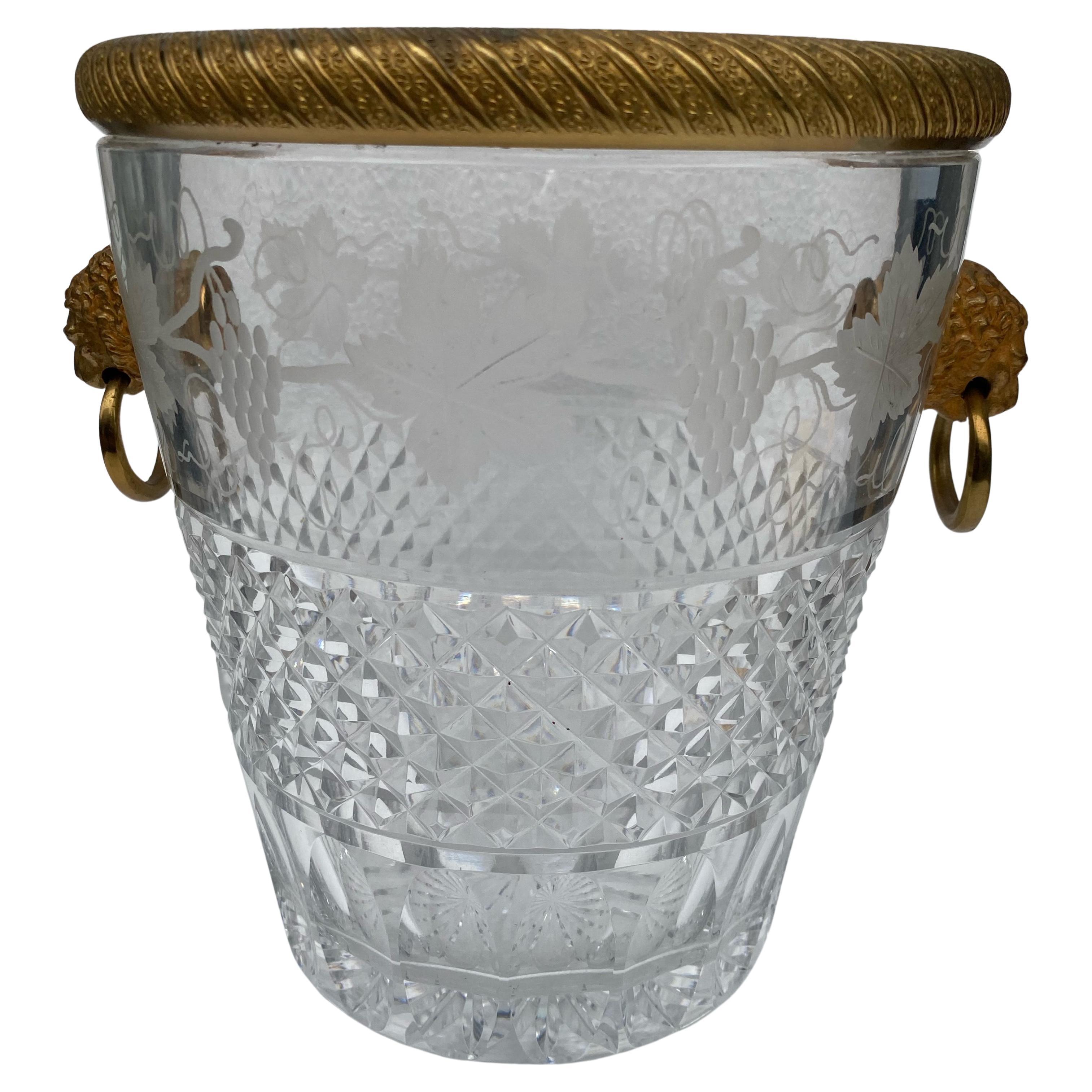 1950-1970 Champagne Bucket Crystal St Louis and Bronze Gilded Heads of Lion For Sale