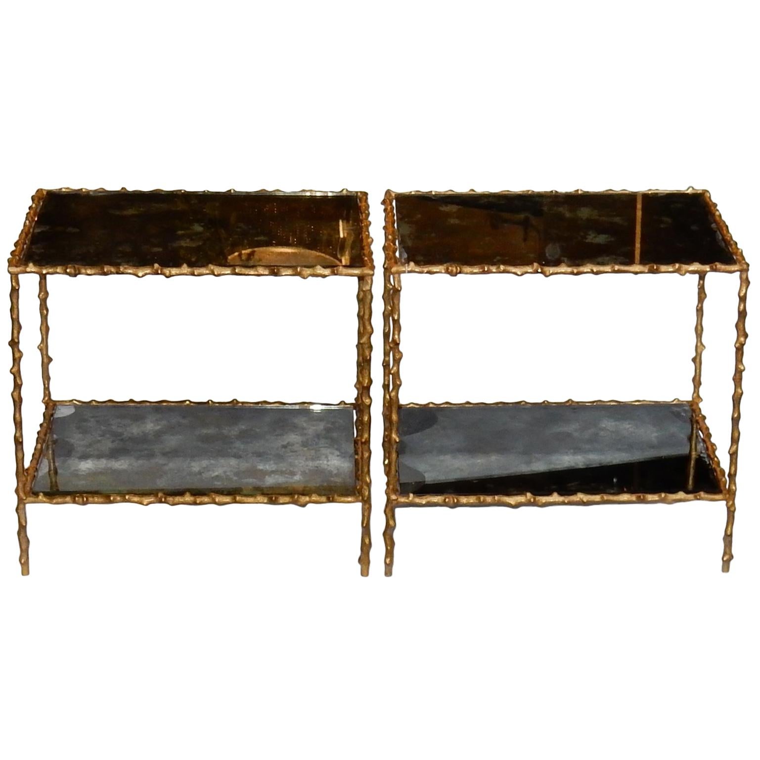 1950-1970 Pair of End of Sofa Maison Jansen, Gilt Bronze, Tops in Olded Mirror