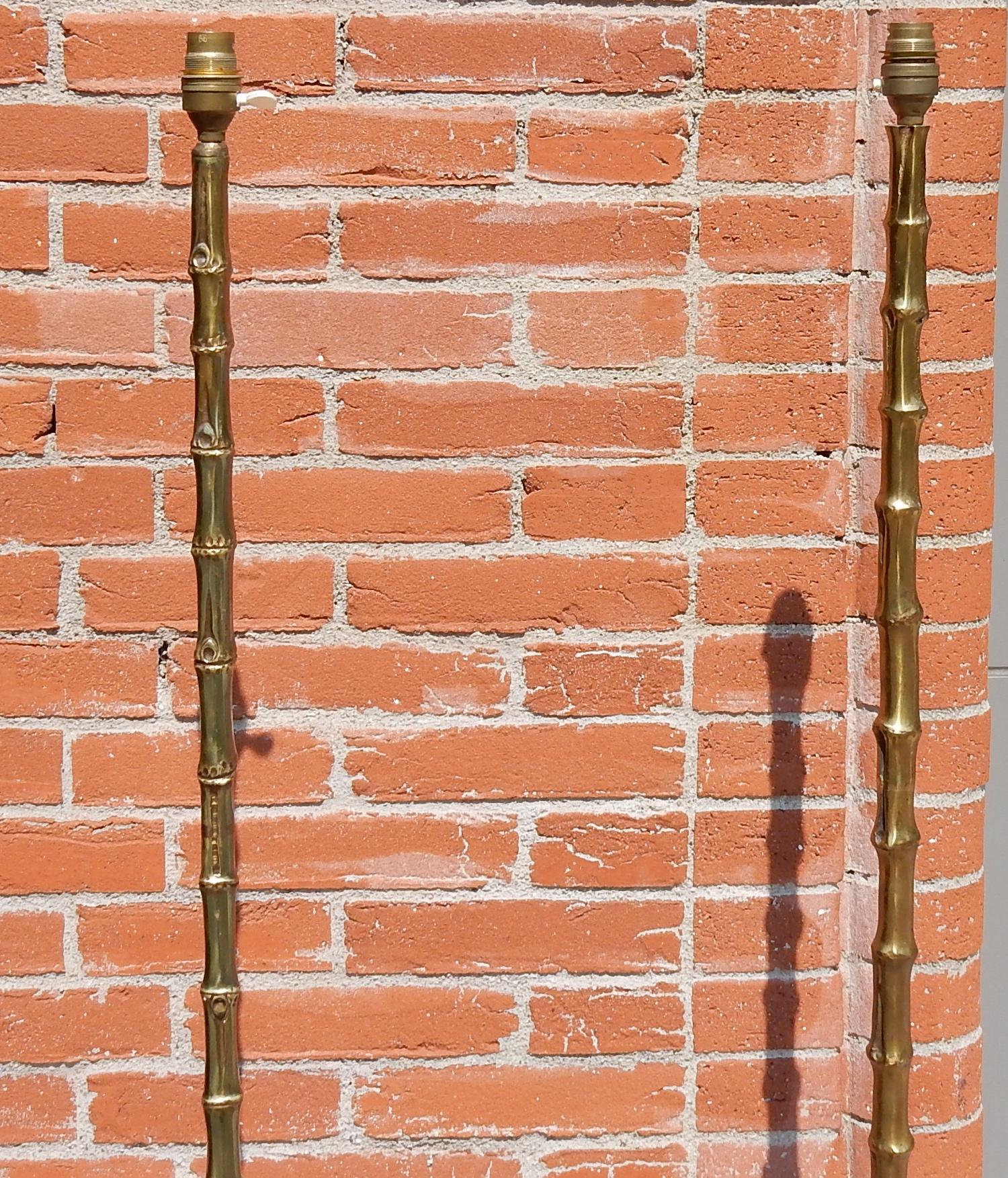 Polished 1950-1970 Pair of Golden Bronze or Brass Floor Lamps Maison Bagués Model Bamboo For Sale