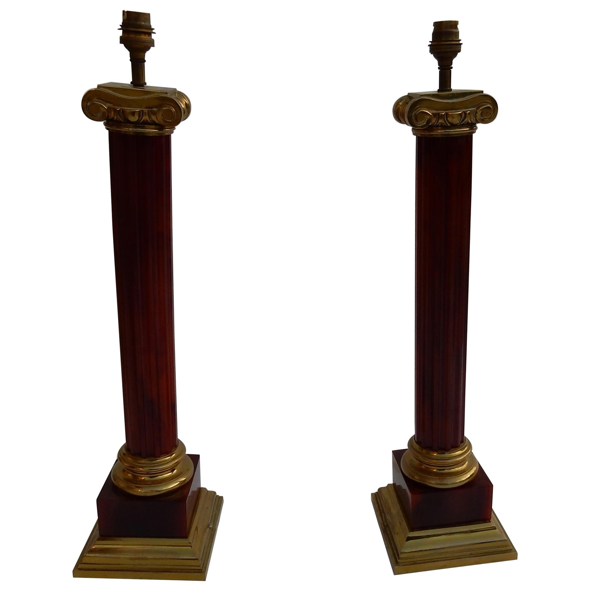 1950-1970 Pair of Maison Jansen Lamps, Gilt Bronze and Bakelite, Amber Color