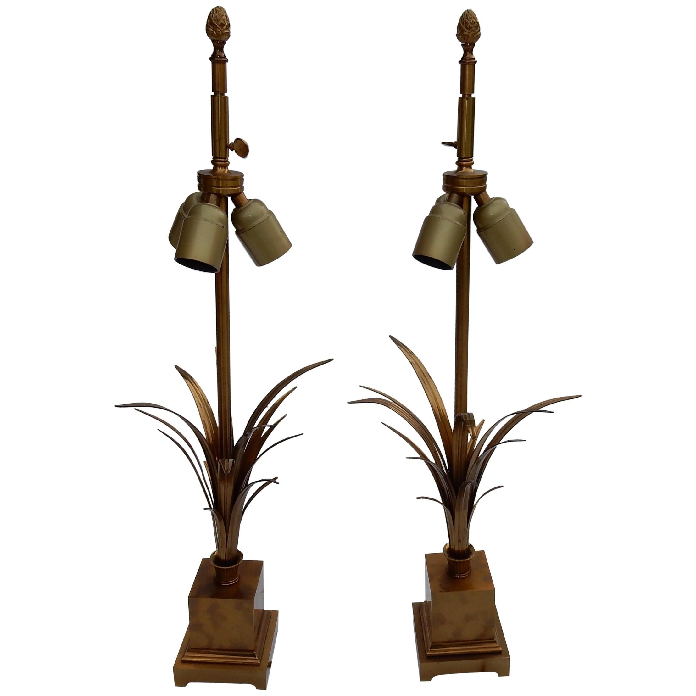 1950-1970 Pair of Reed Lamps in Brass and Gilt Bronze Signed Charles
