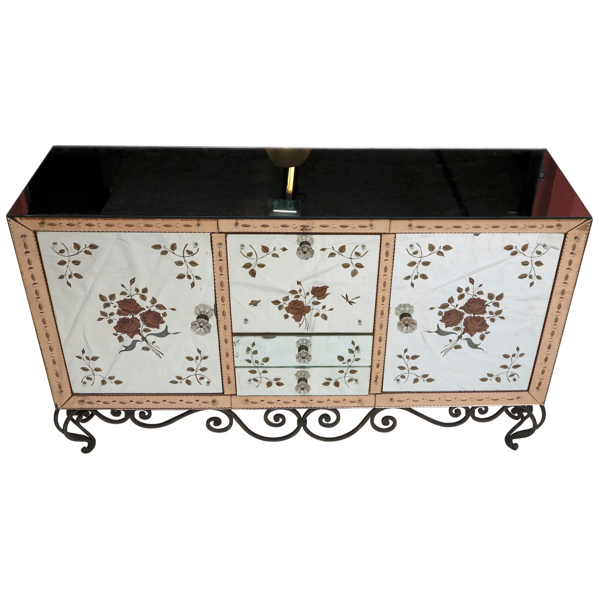 Specchio da credenza 1950-1970 con fiori Eglomisées