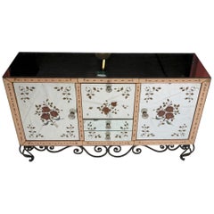 1950-1970 Sideboard Mirror with Eglomisées Flowers