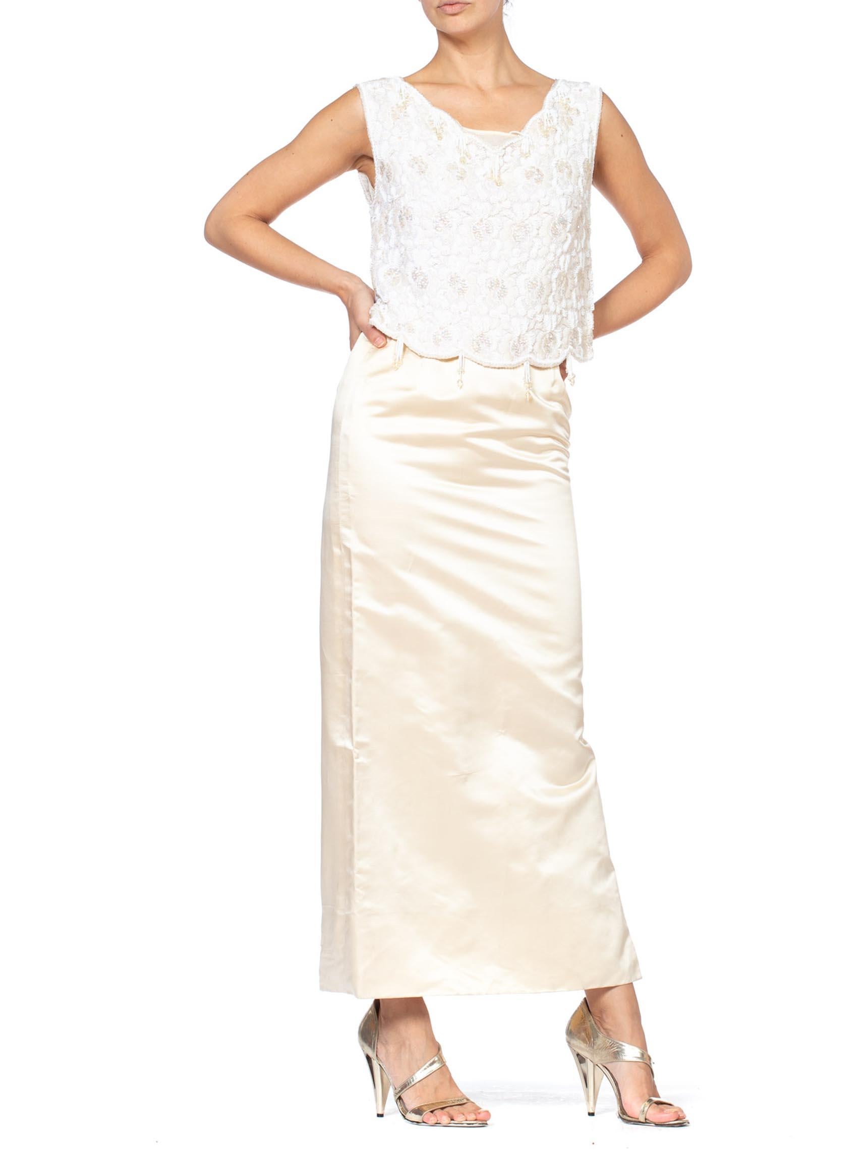 1960S White & Ivory Silk Satin Evening Gown Ensemble With Beaded Lace Tunic In Excellent Condition For Sale In New York, NY