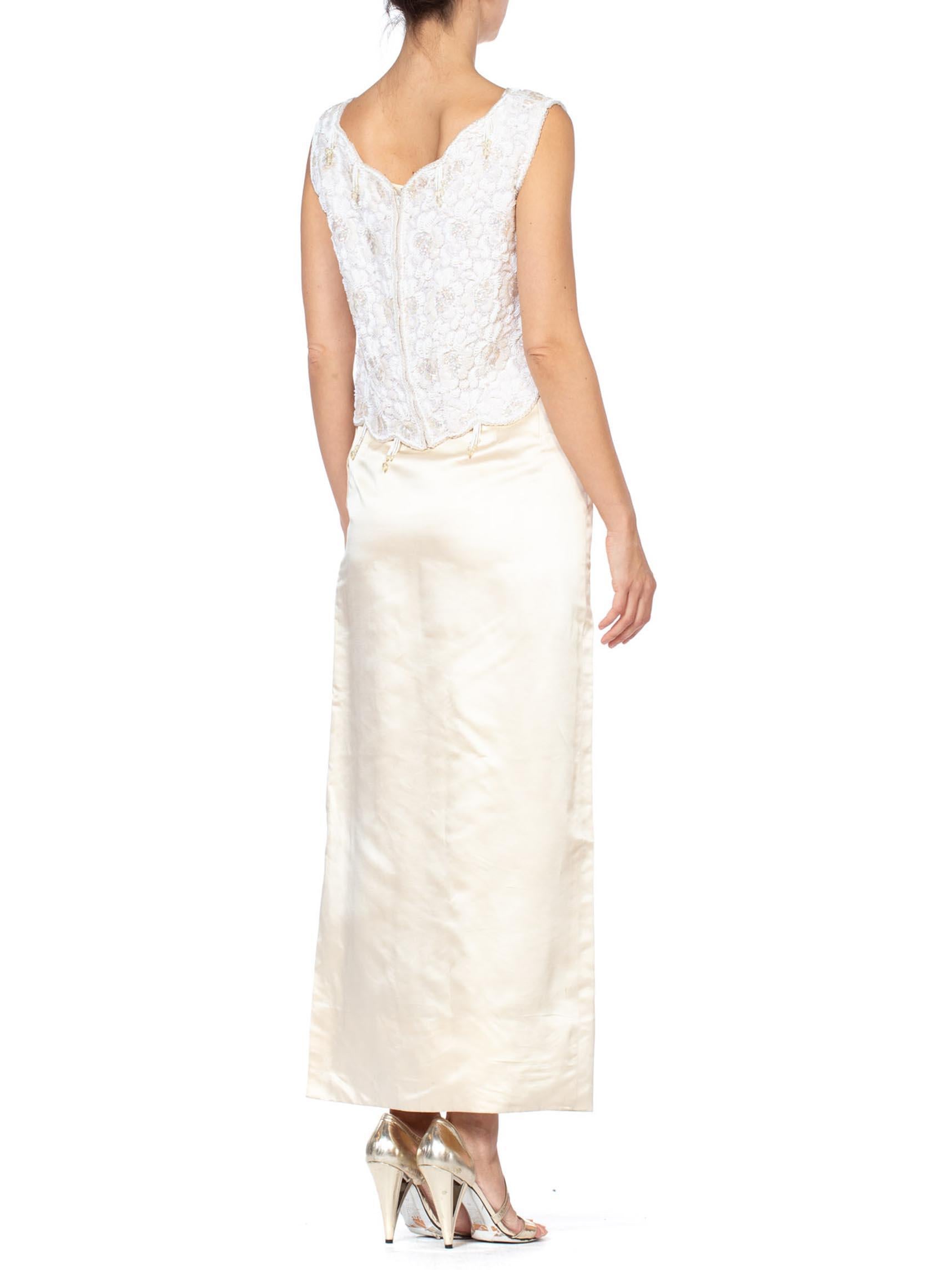1960S White & Ivory Silk Satin Evening Gown Ensemble With Beaded Lace Tunic For Sale 2