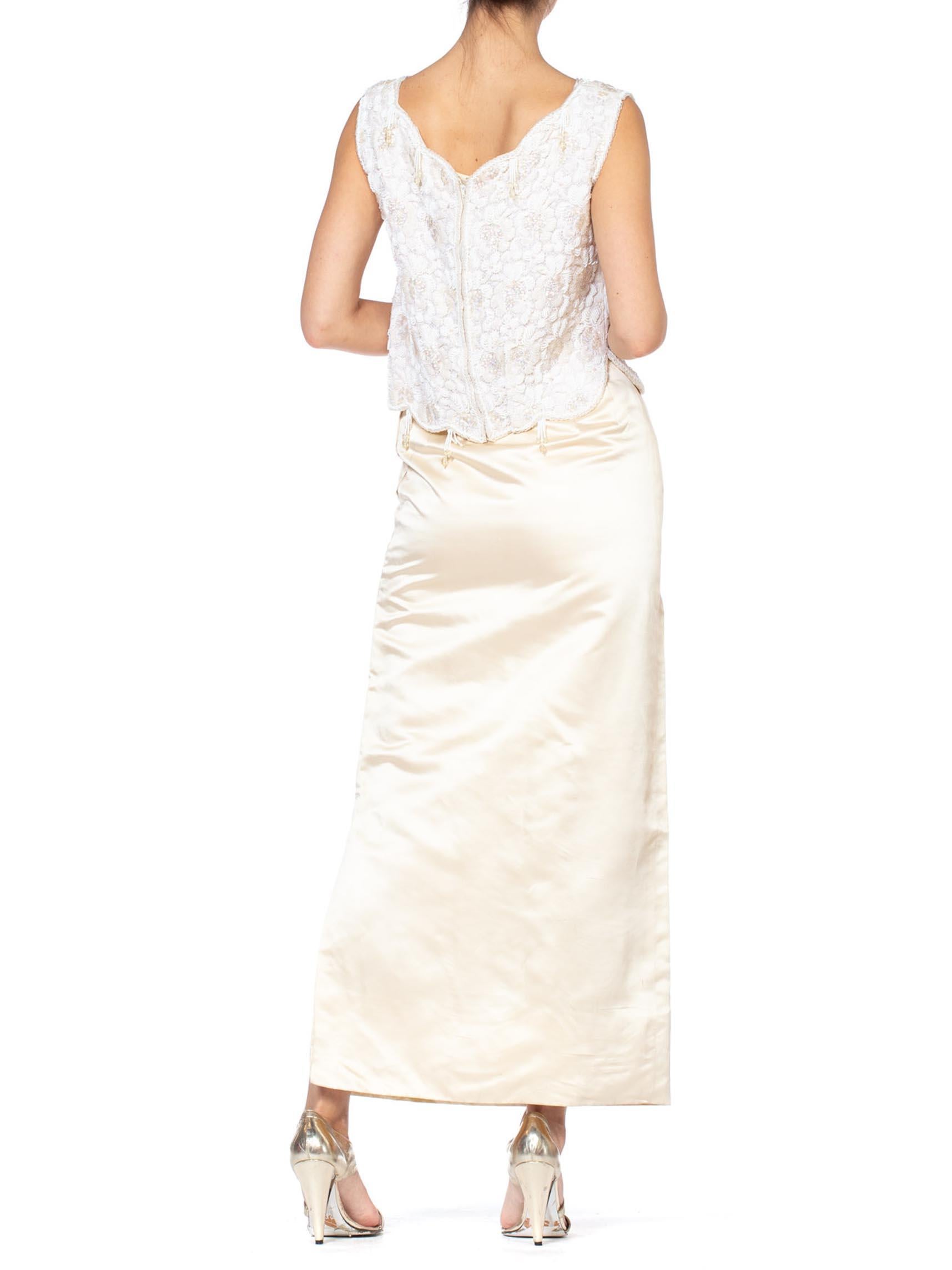 1960S White & Ivory Silk Satin Evening Gown Ensemble With Beaded Lace Tunic For Sale 3