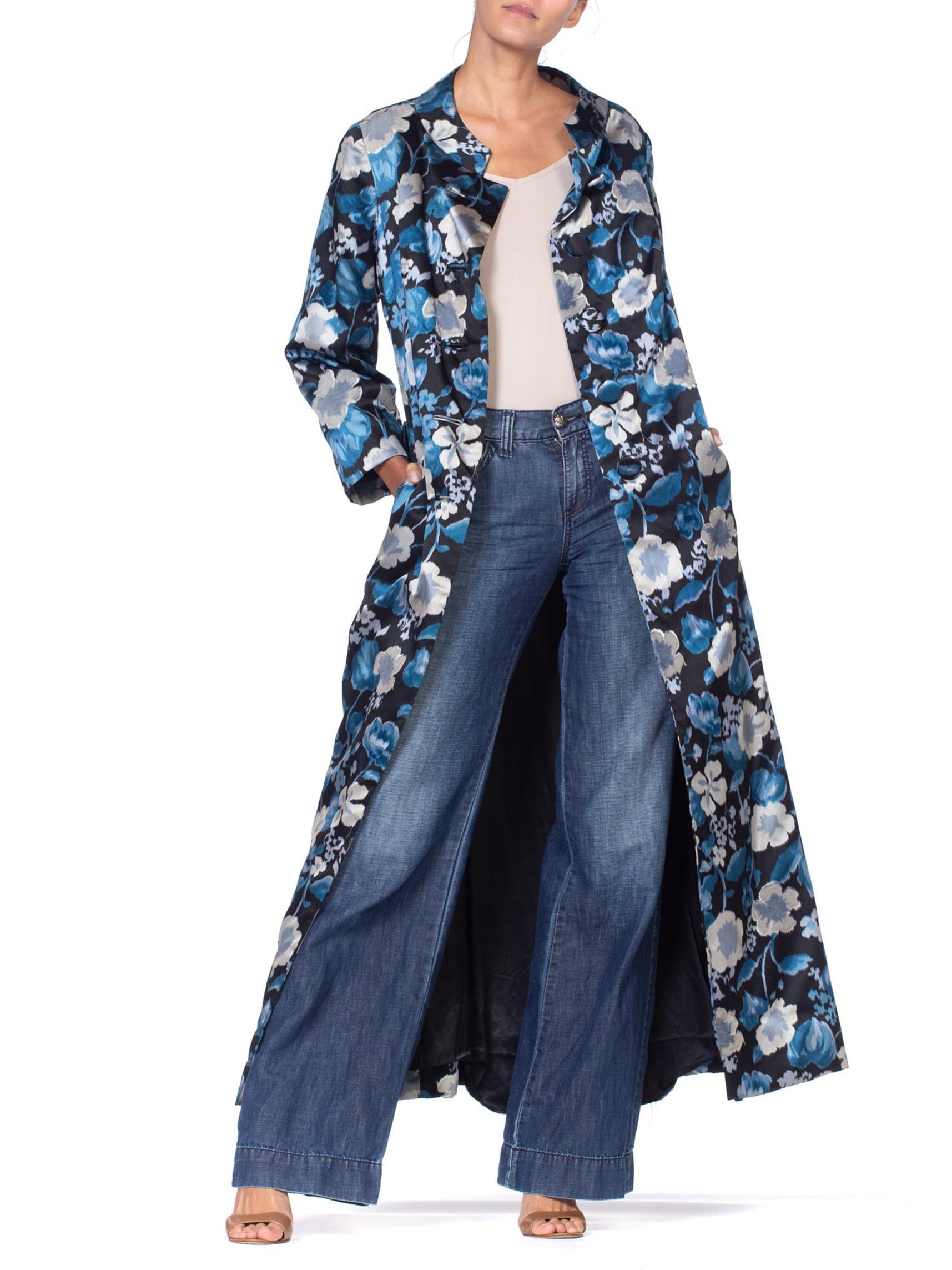 1950S Black & Blue Couture Grade Floral Silk Satin Hand Cut Velvet Coat For Sale 1