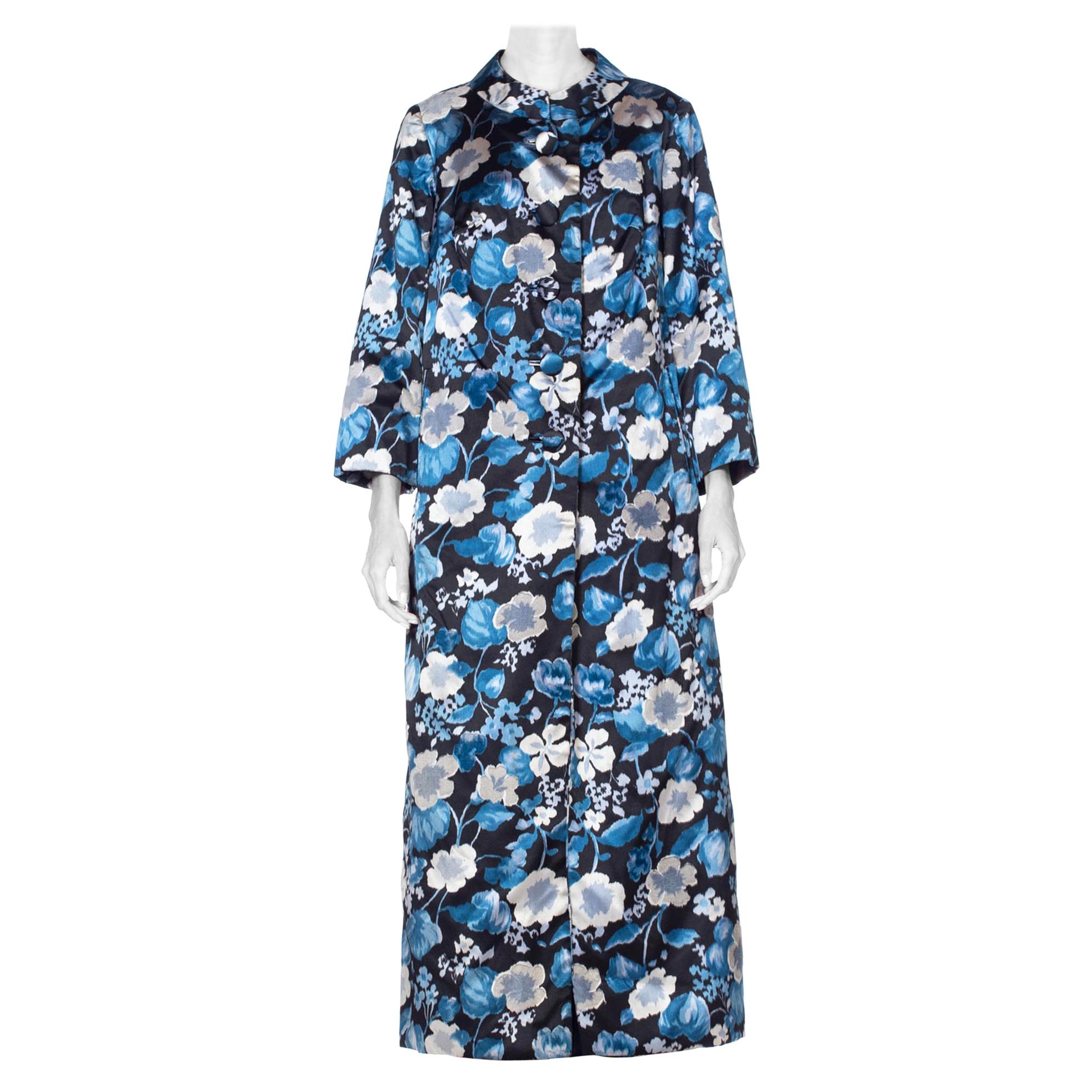 1950S Black & Blue Couture Grade Floral Silk Satin Hand Cut Velvet Coat