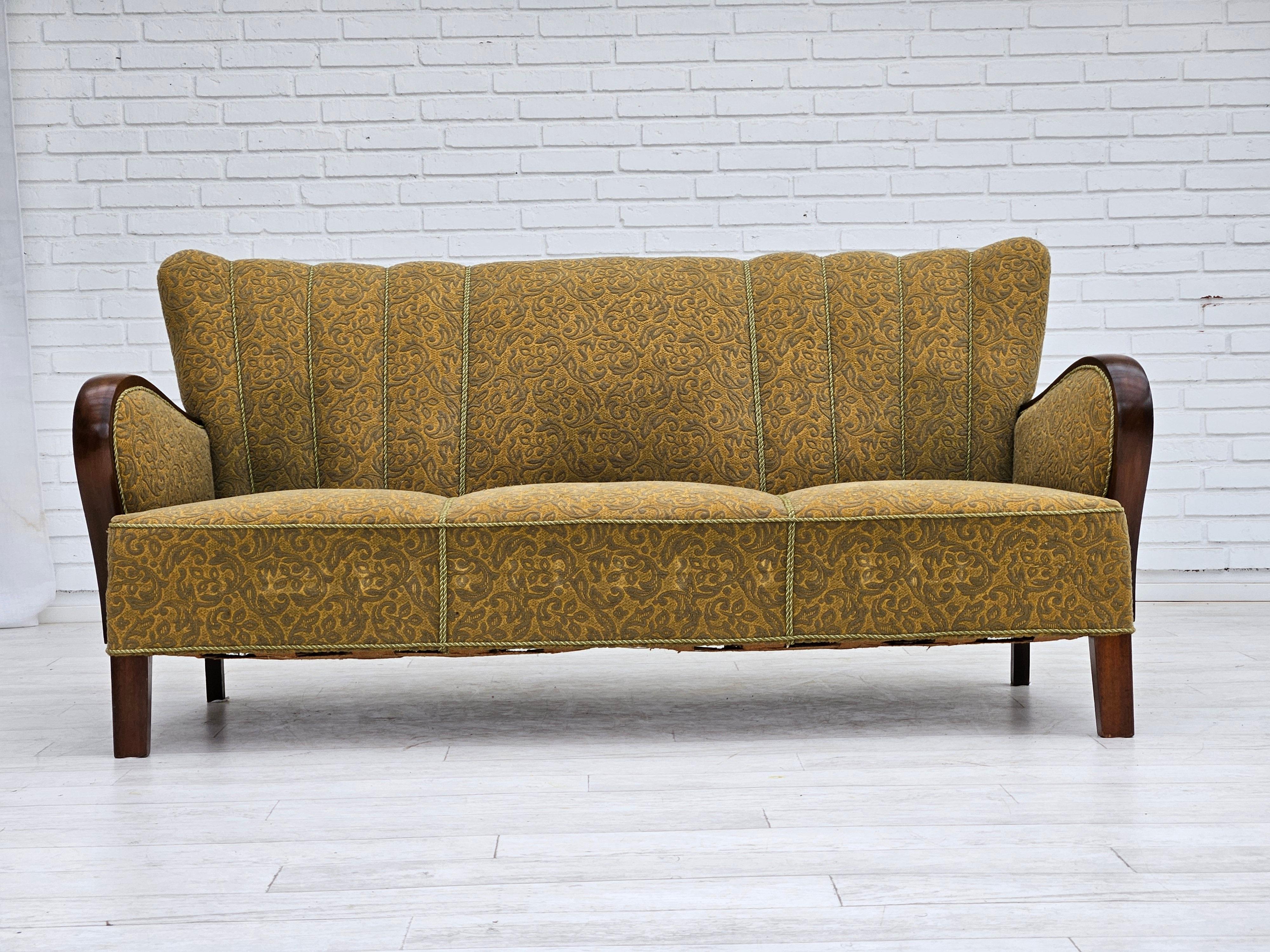 1960s, Danish 3 seater sofa in original very good condition: no smells and no stains. Light green furniture cotton/wool fabric, brass springs in the seat, beech wood legs. Manufactured by Danish furniture manufacturer in about 1960s. Sofa model to