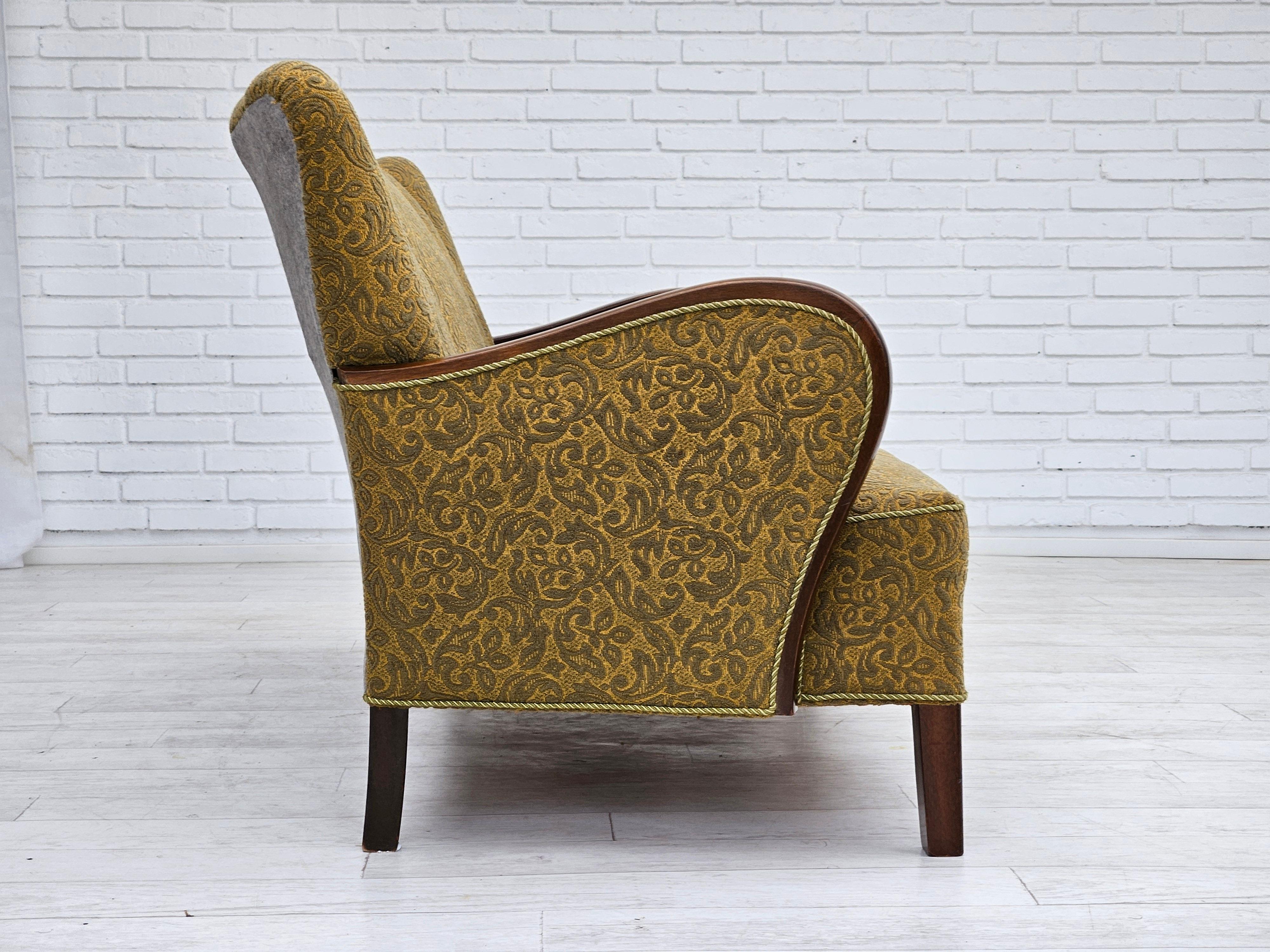 Scandinavian Modern 1950-60s, Danish 3-seater sofa, original condition, cotton/wool, beech wood. For Sale