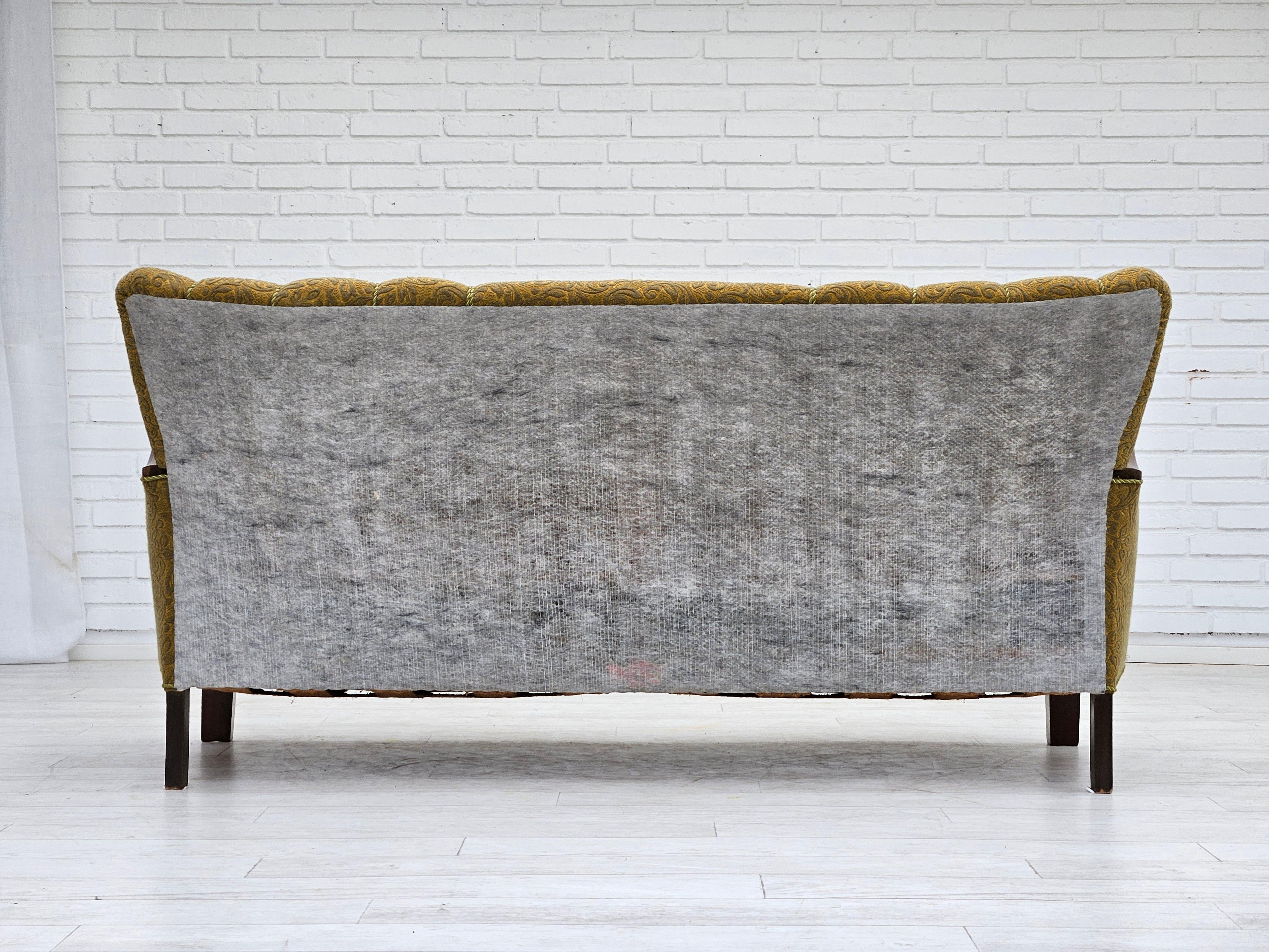 Mid-20th Century 1950-60s, Danish 3-seater sofa, original condition, cotton/wool, beech wood. For Sale