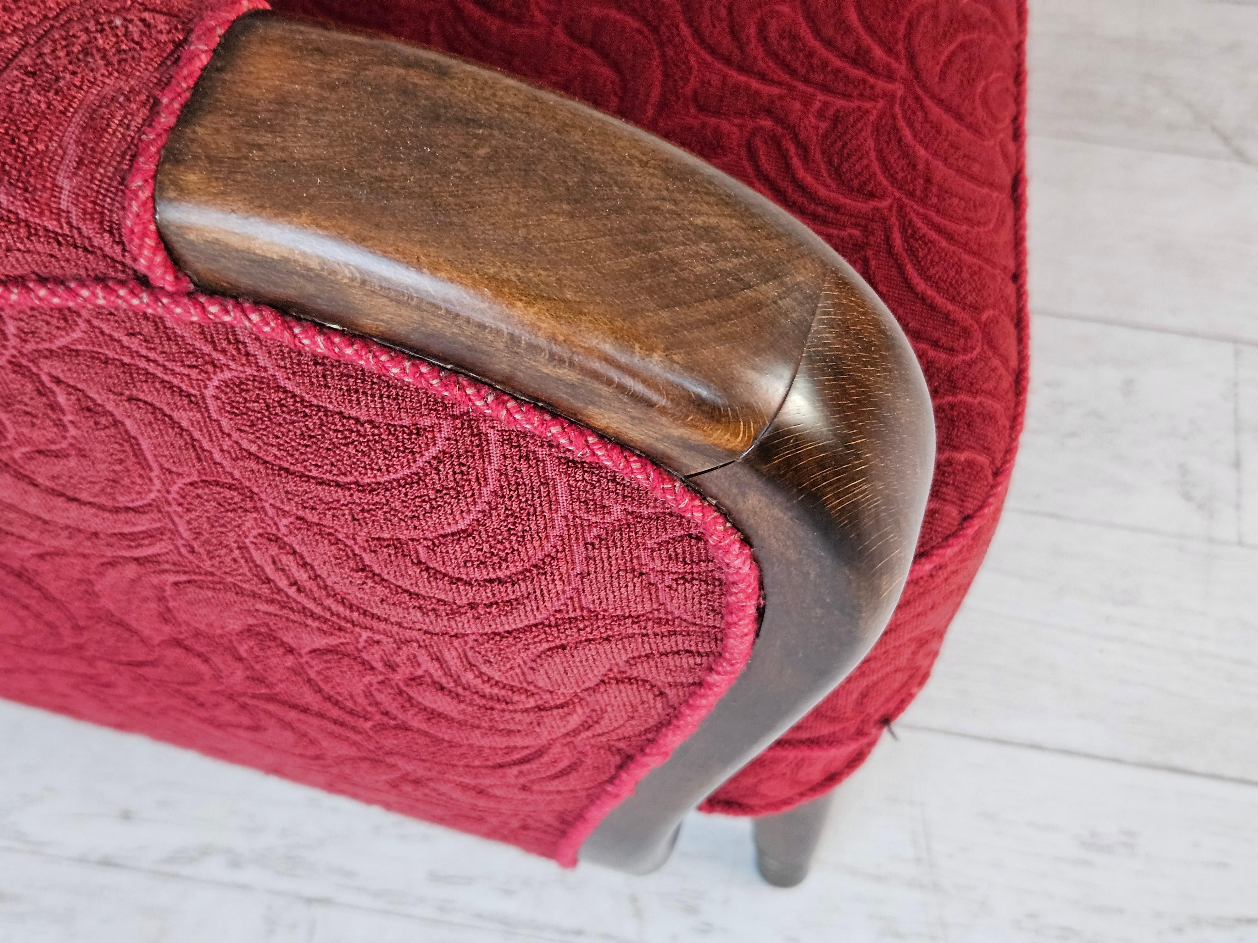 1950–60er Jahre, dänisches 3-Sitzer-Sofa, originaler Zustand, rote Baumwolle/Wolle, Buchenholz. im Angebot 14
