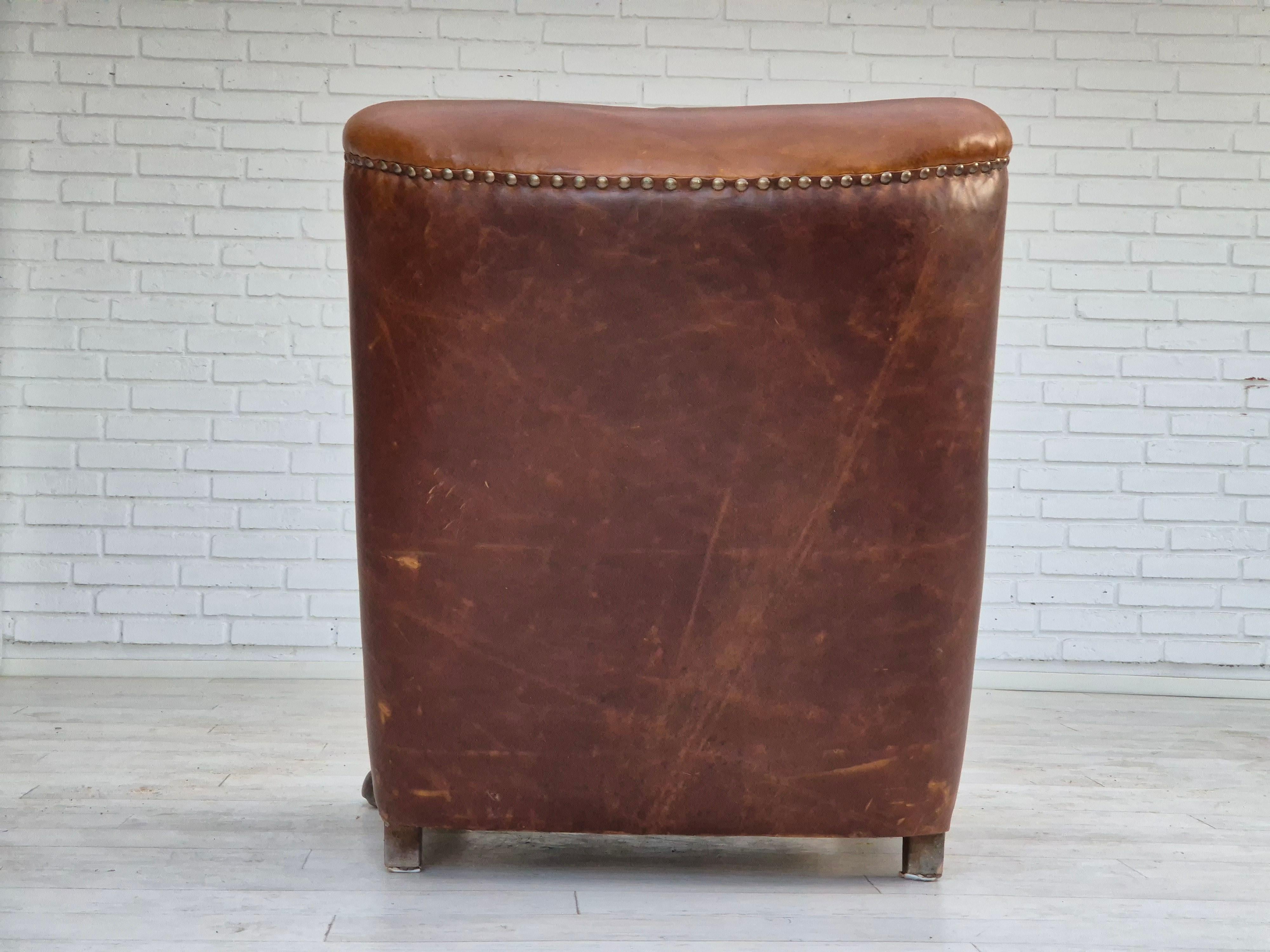 1950-60, fauteuil relax danois, état d'origine, cuir, bois de chêne. en vente 3