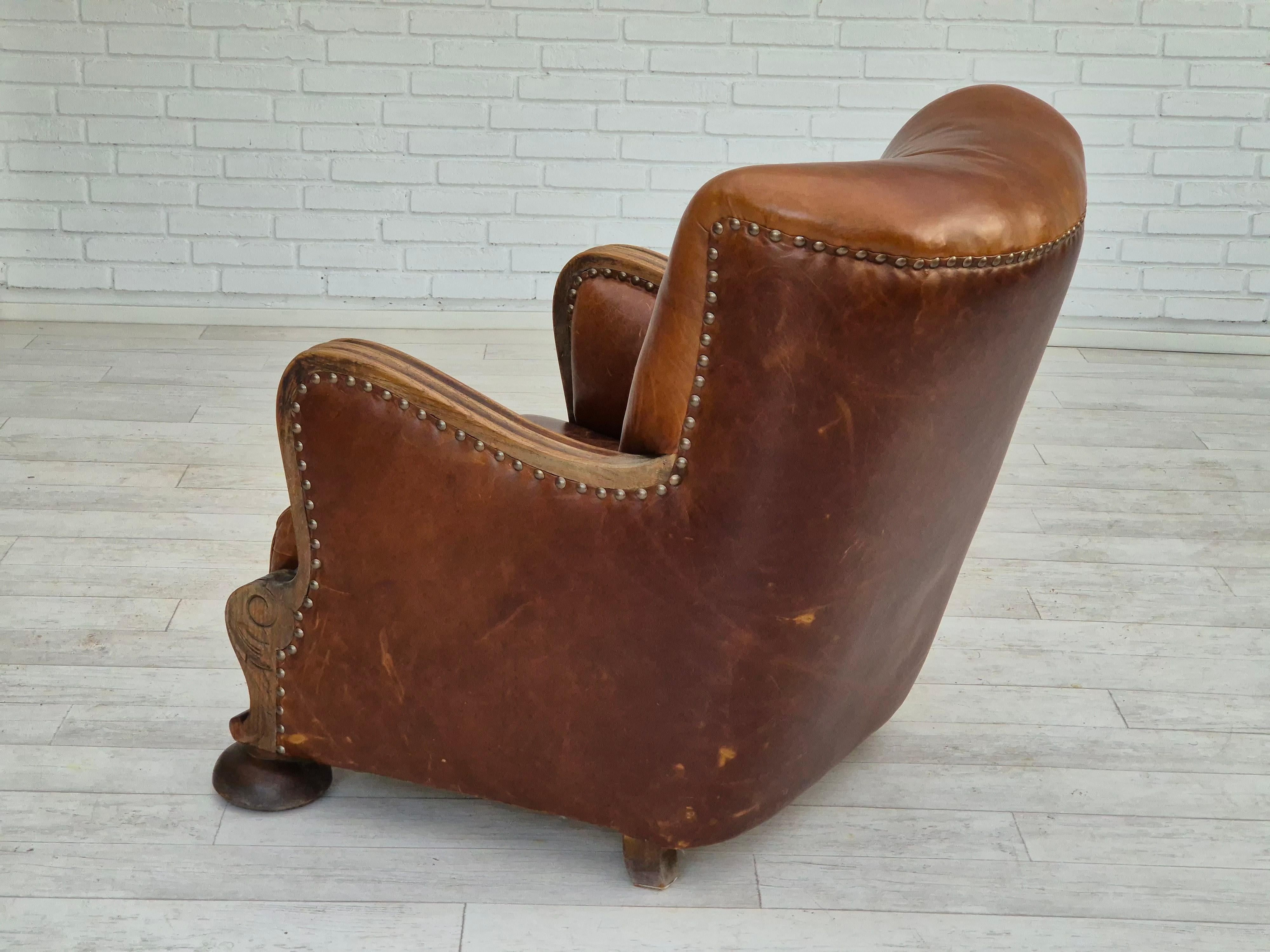 1950-60, fauteuil relax danois, état d'origine, cuir, bois de chêne. en vente 4