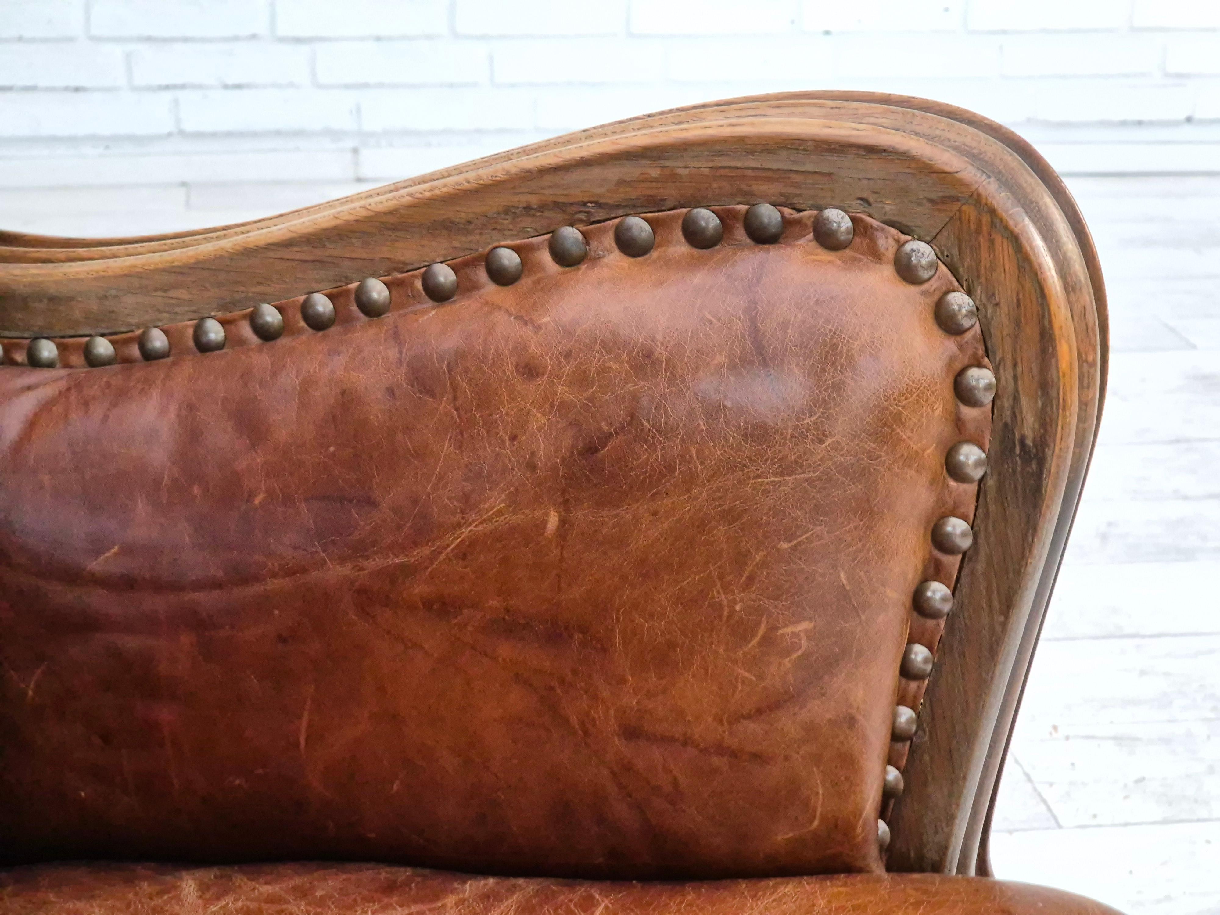 1950-60, fauteuil relax danois, état d'origine, cuir, bois de chêne. en vente 8