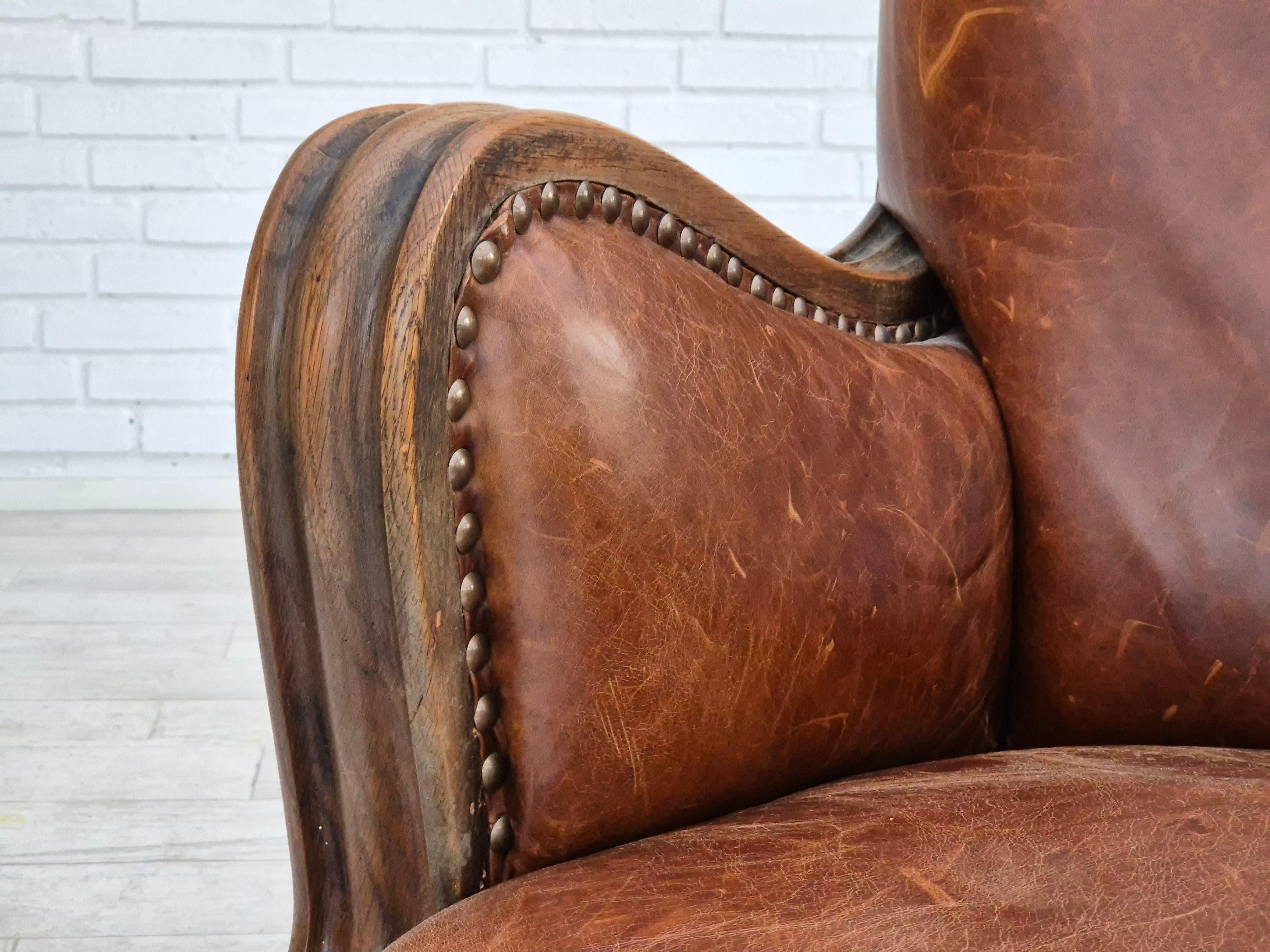 1950-60, fauteuil relax danois, état d'origine, cuir, bois de chêne. en vente 12
