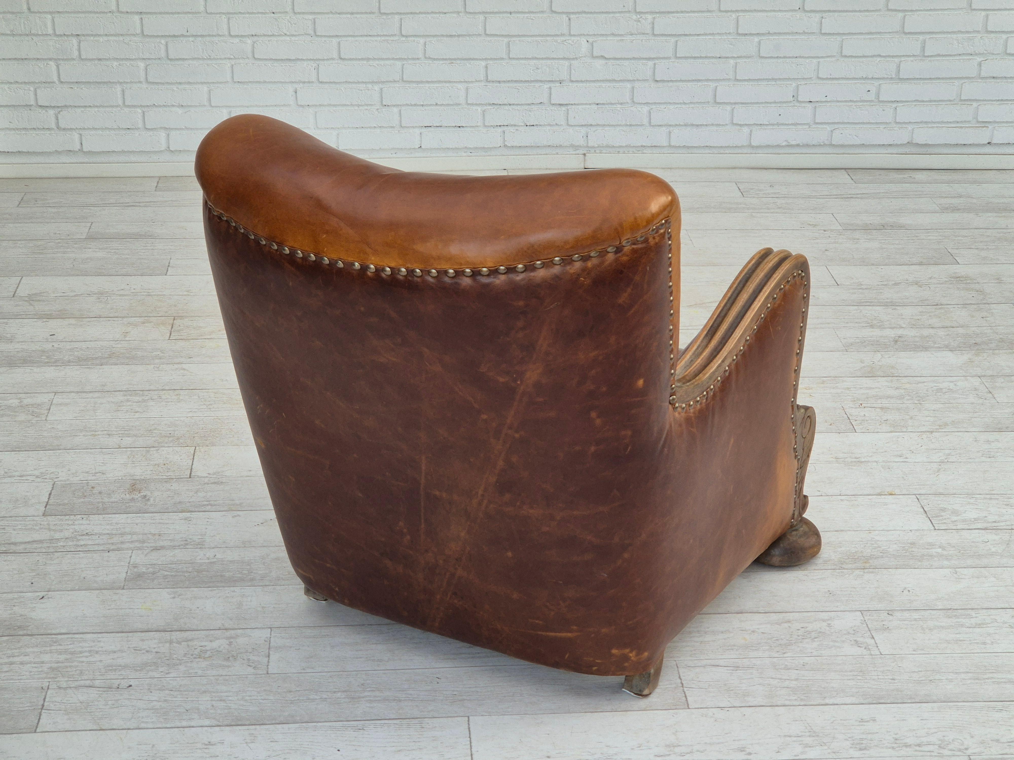 1950-60, fauteuil relax danois, état d'origine, cuir, bois de chêne. en vente 2
