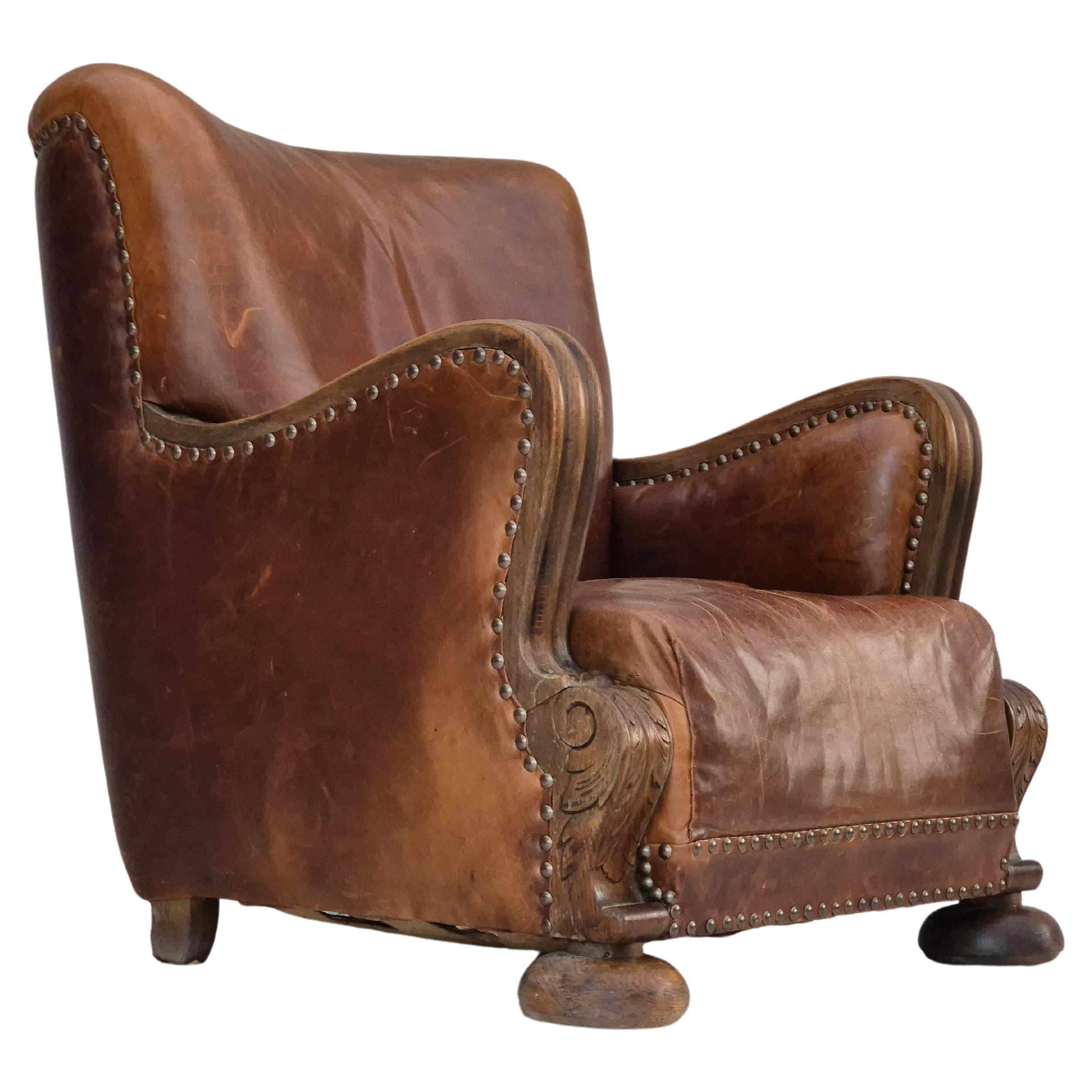1950-60, fauteuil relax danois, état d'origine, cuir, bois de chêne. en vente