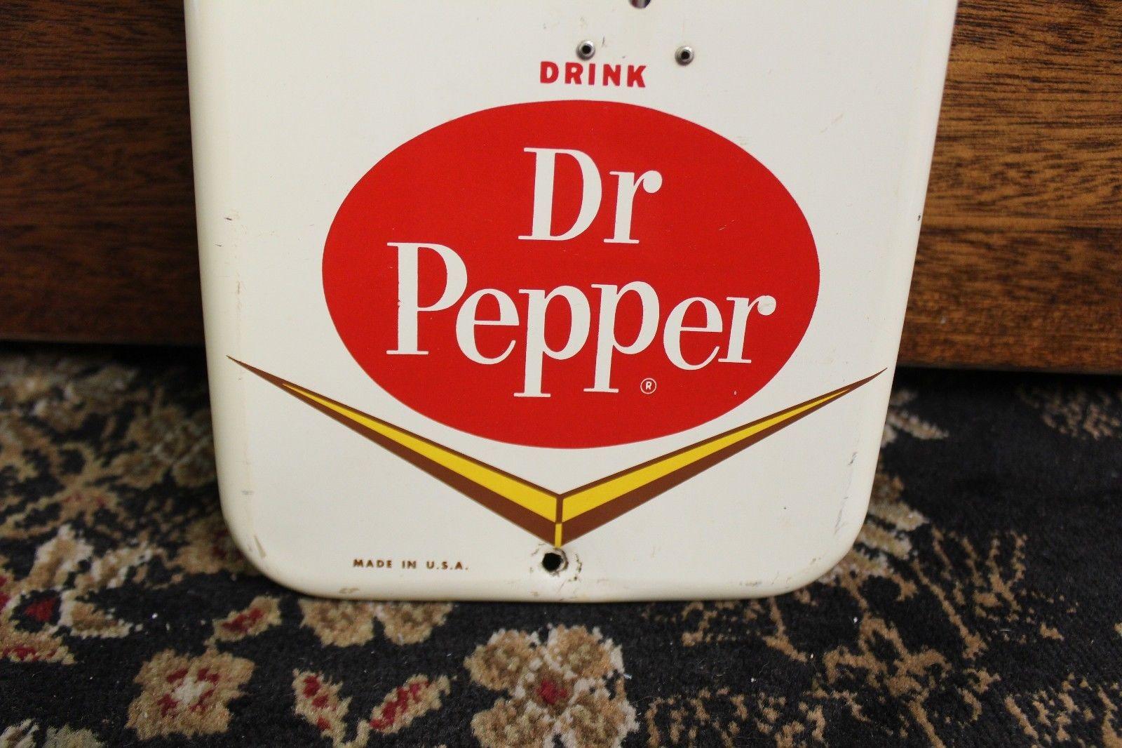 American 1950-60s Dr Pepper Soda Advertising Tin Thermometer Sign For Sale