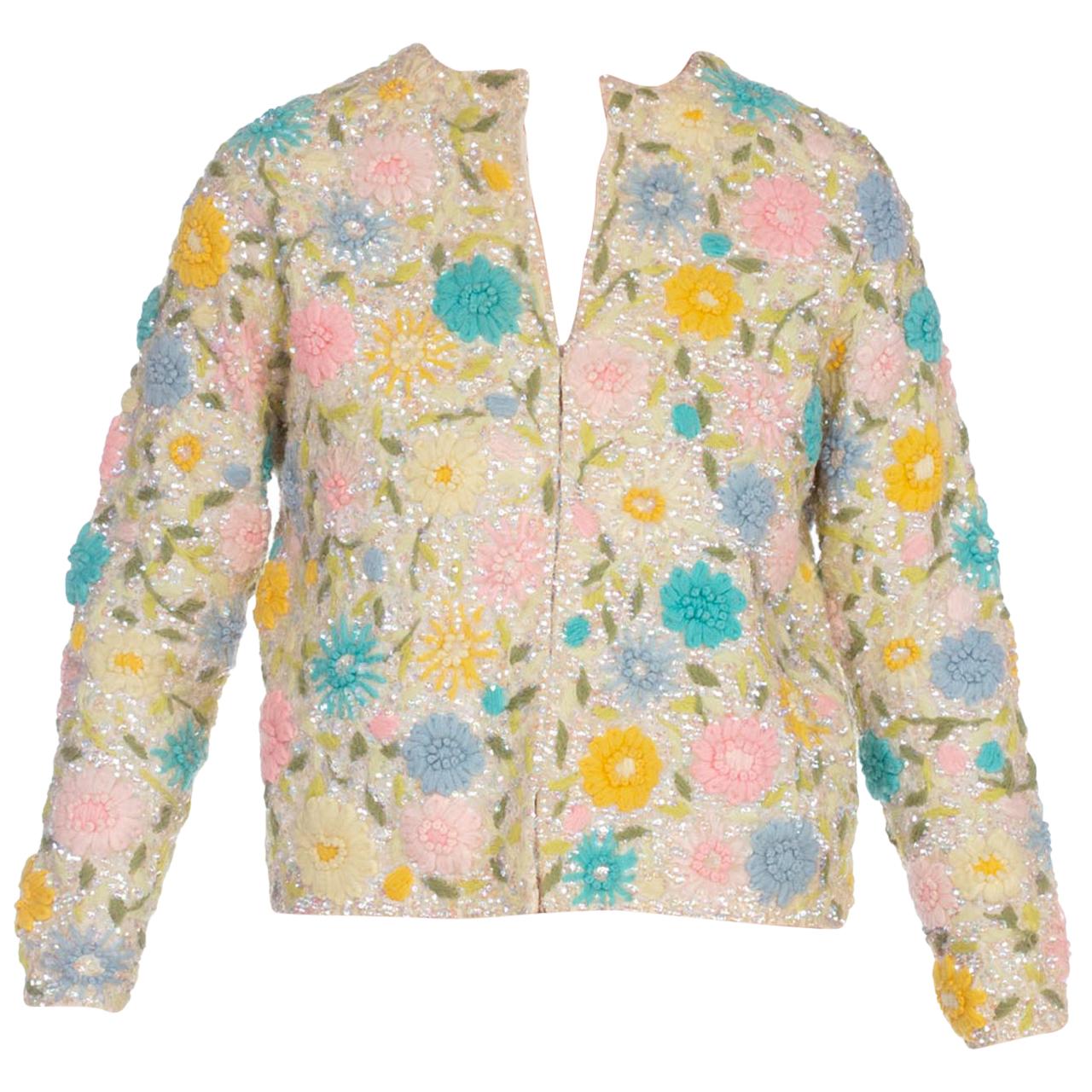 1950/60'S Hand Embroidered Sequin Floral Cardigan