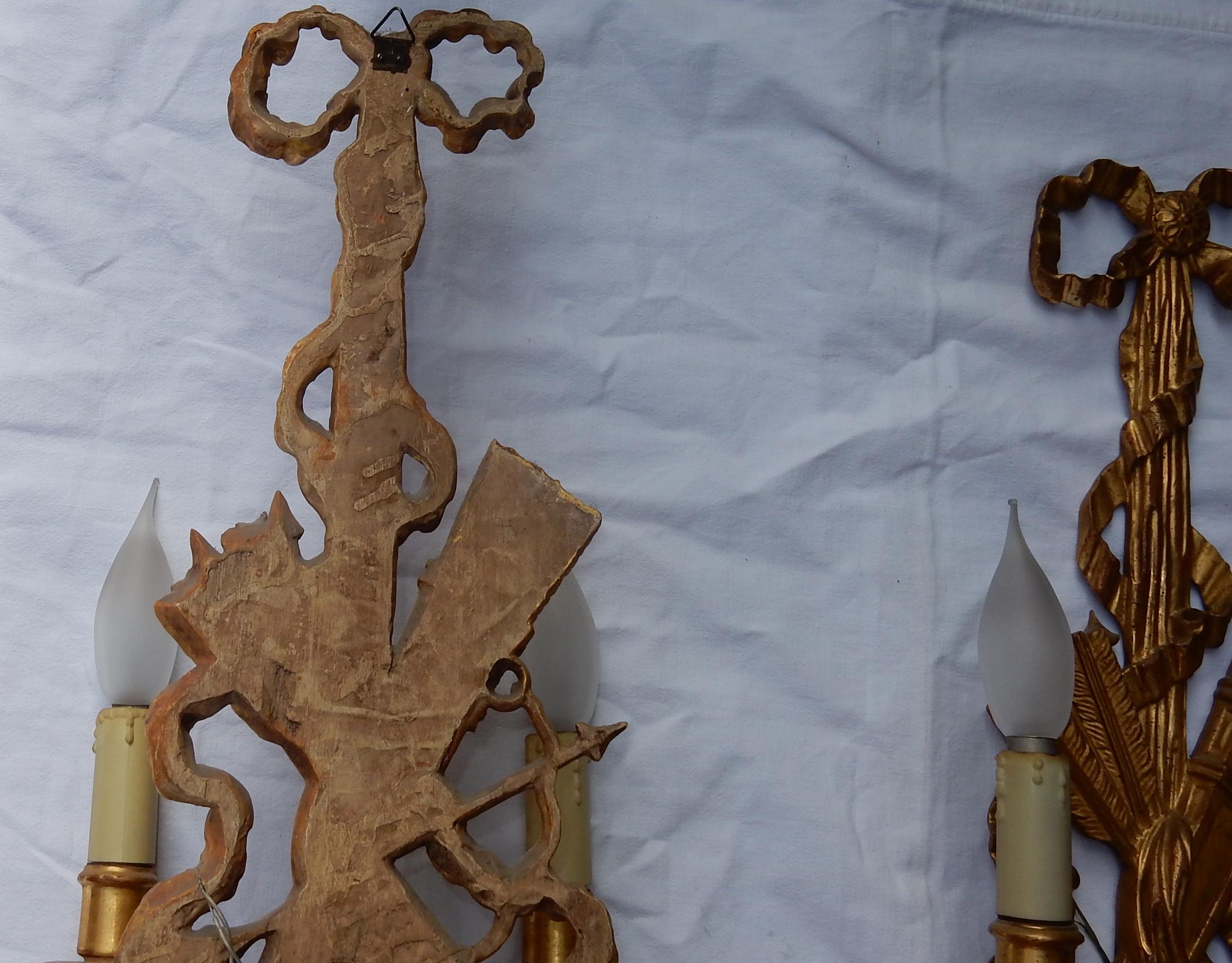 2 Pair of Sconces, Golden Wood and Golden Iron Attributes with Arrows, 1950-1970 For Sale 4