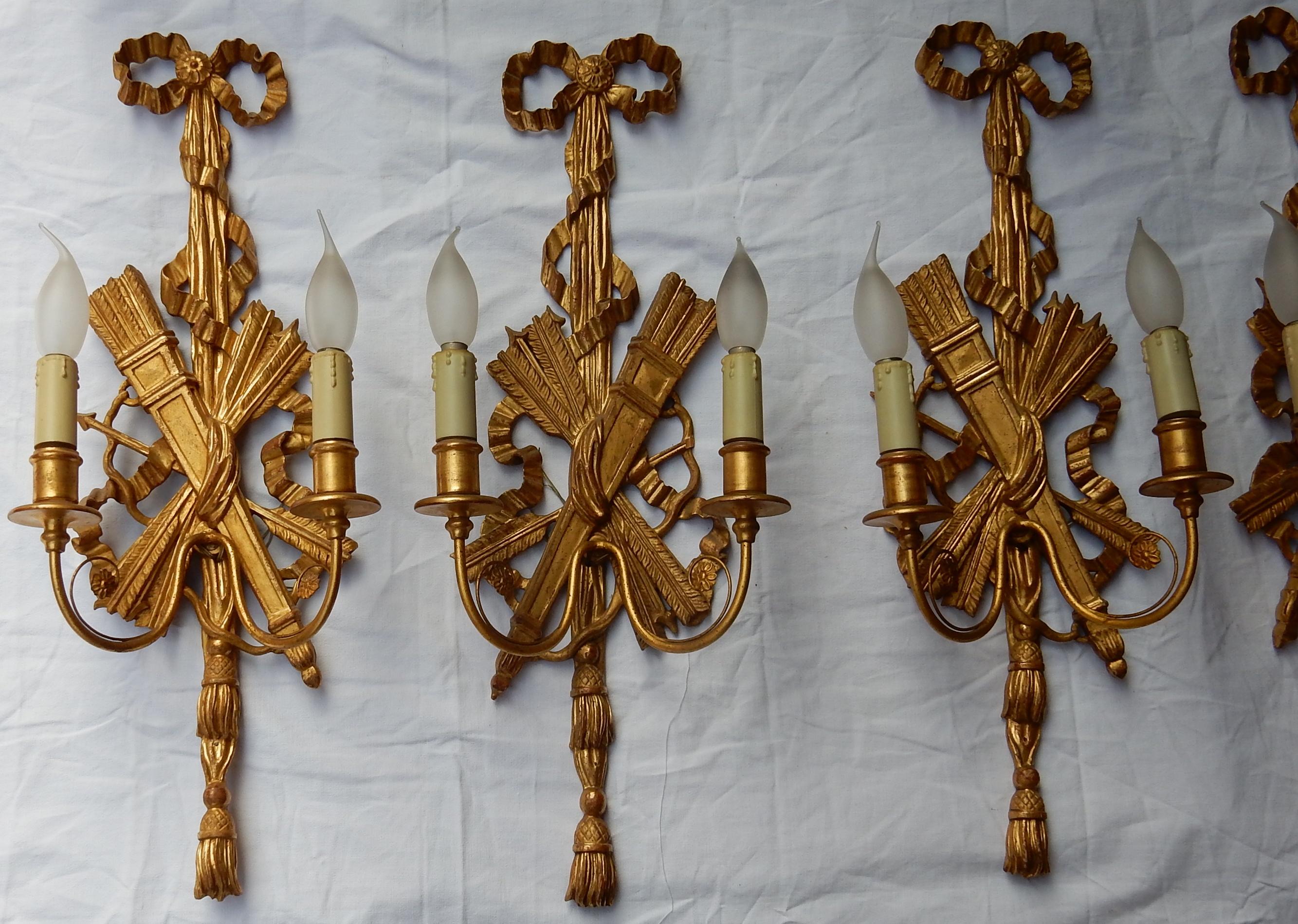 Louis XVI 2 Pair of Sconces, Golden Wood and Golden Iron Attributes with Arrows, 1950-1970 For Sale